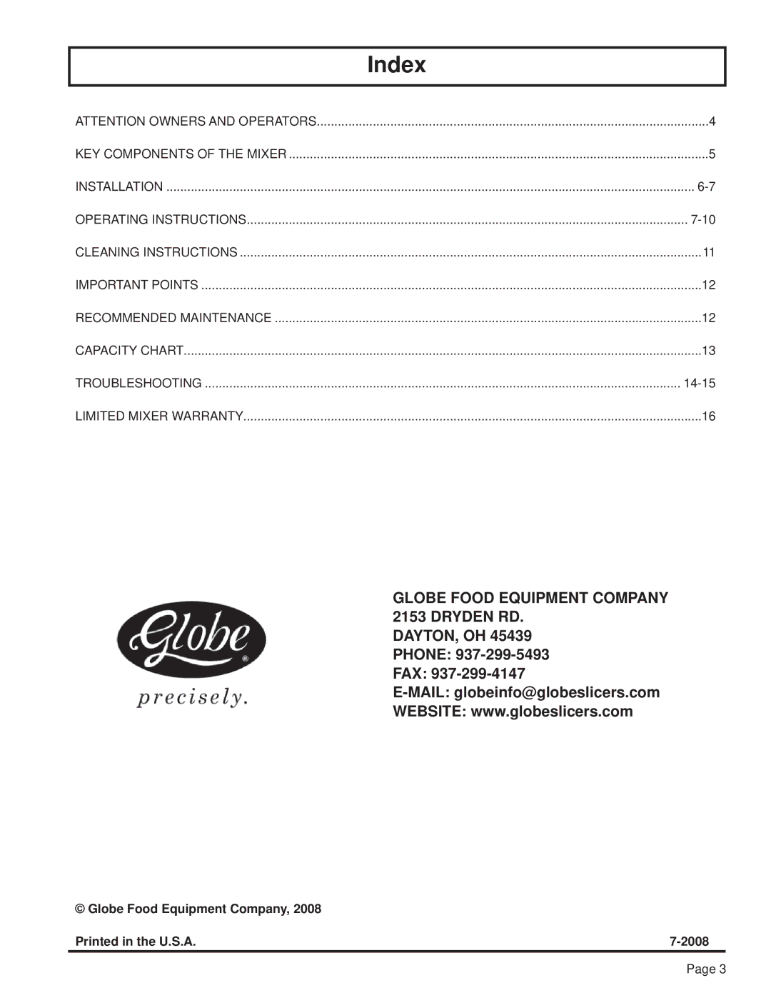 Globe SP25, SP80PL, SP60P, SP40P, SP30P, SP10, SP20, SP62P instruction manual Index, Globe Food Equipment Company 2008 