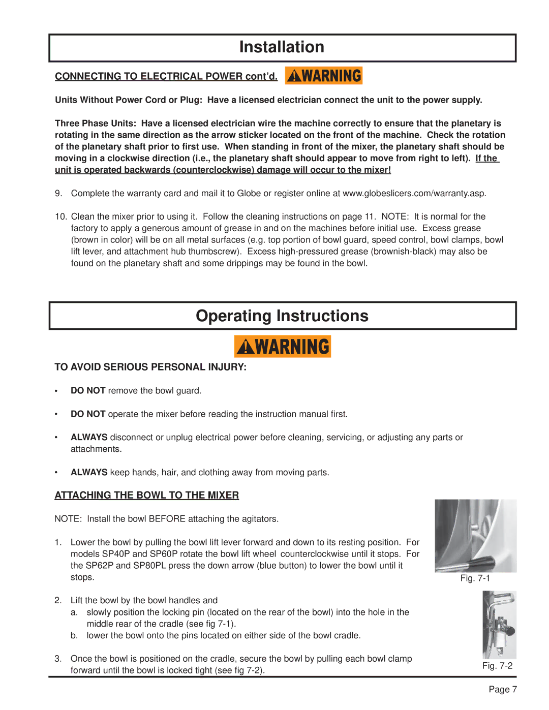 Globe SP10, SP80PL, SP30, SP25 Operating Instructions, To Avoid Serious Personal Injury, Attaching the Bowl to the Mixer 