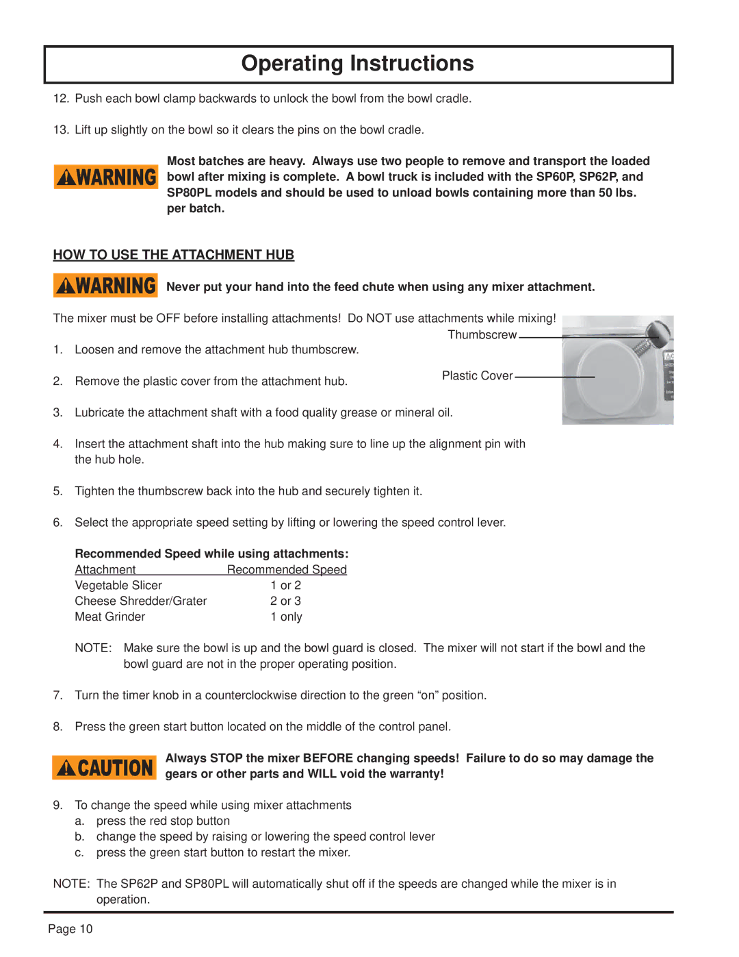 Globe SP80PL, SP25, SP60P, SP40P, SP30P, SP10, SP20 HOW to USE the Attachment HUB, Recommended Speed while using attachments 