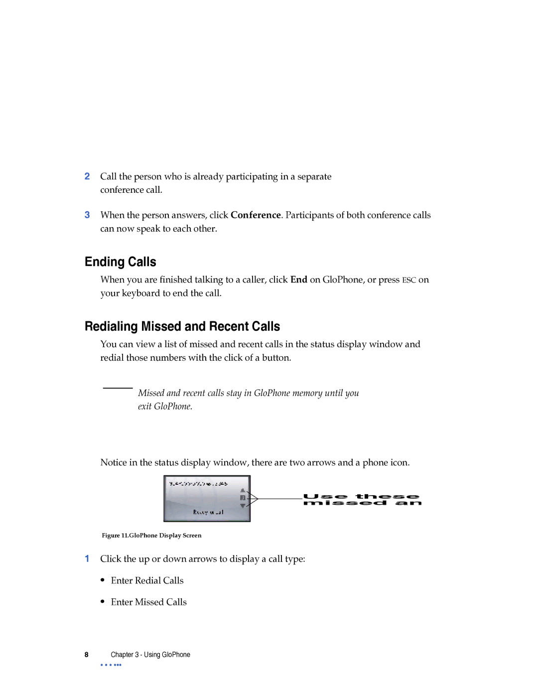 Globe tglo manual Ending Calls, Redialing Missed and Recent Calls 