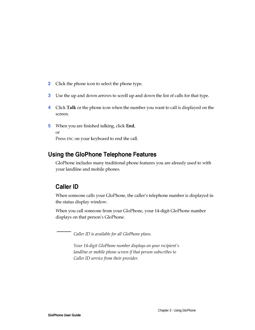Globe tglo manual Using the GloPhone Telephone Features, Caller ID 