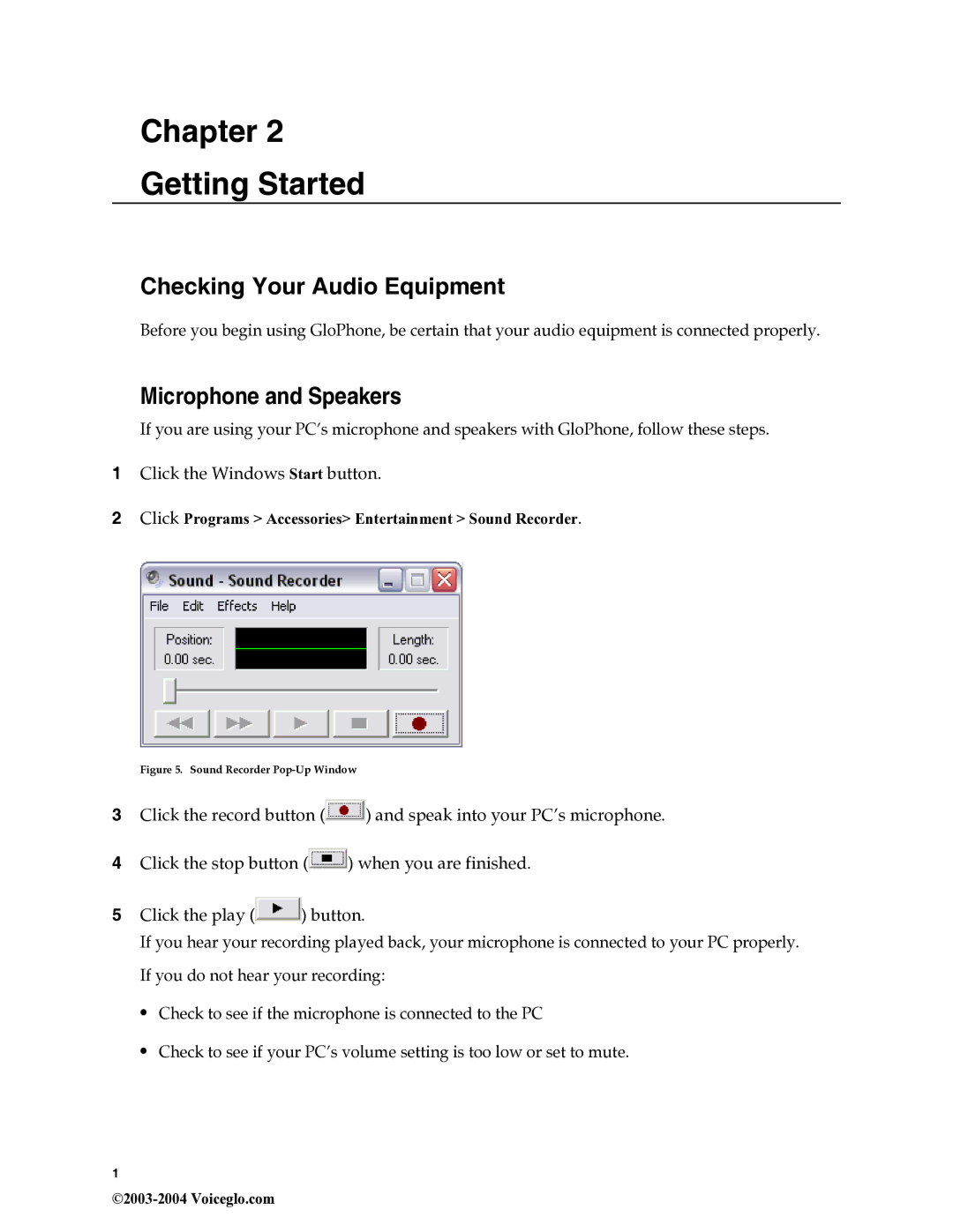 Globe tglo manual Chapter Getting Started, Checking Your Audio Equipment, Microphone and Speakers 