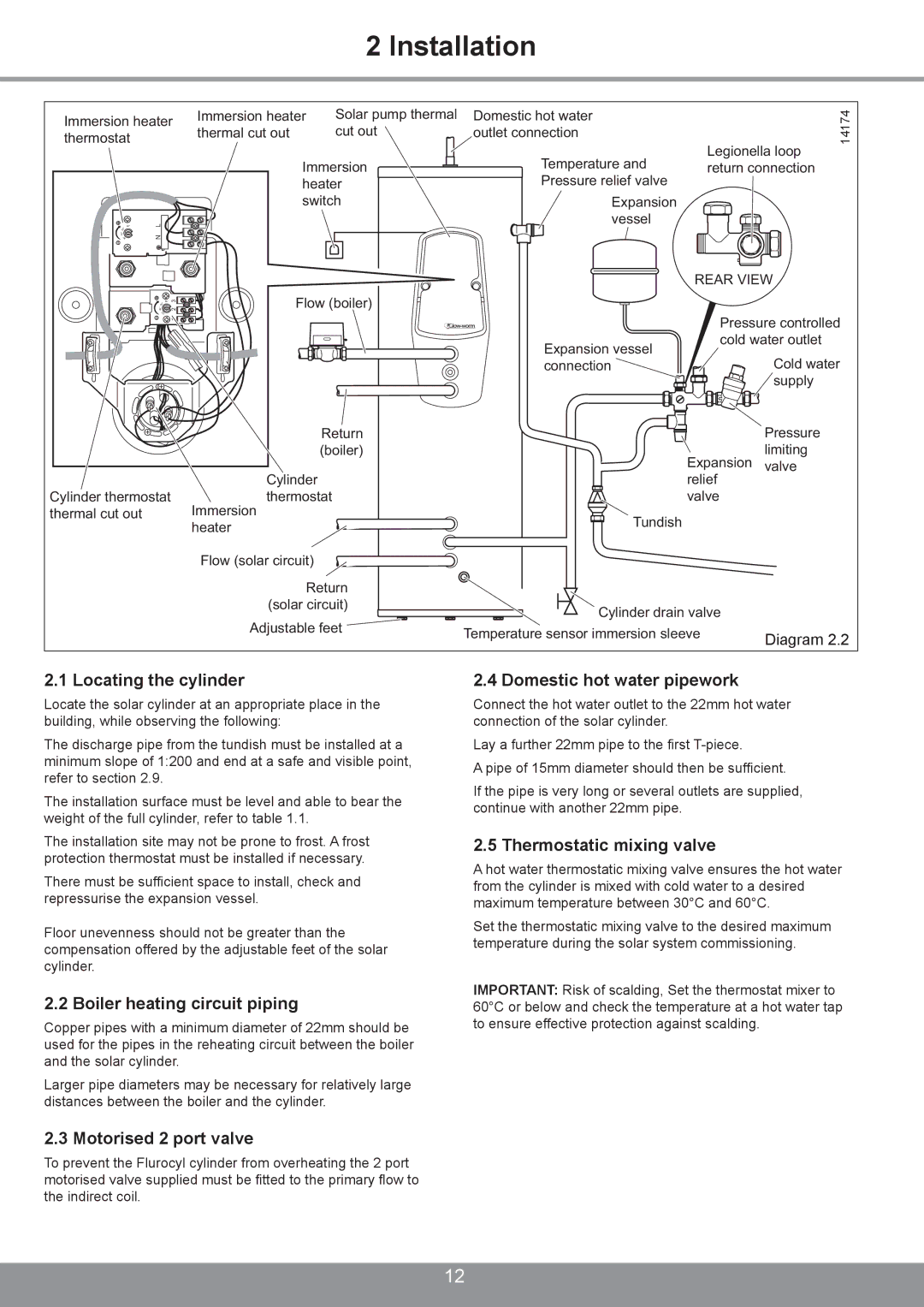 Glowworm Lighting 250 I, 300 I, 200 I manual Locating the cylinder, Boiler heating circuit piping, Motorised 2 port valve 