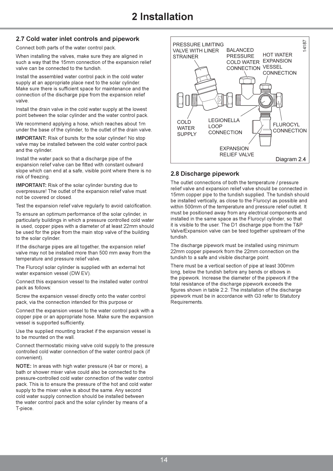 Glowworm Lighting 200 I, 250 I, 300 I manual Cold water inlet controls and pipework, Discharge pipework 