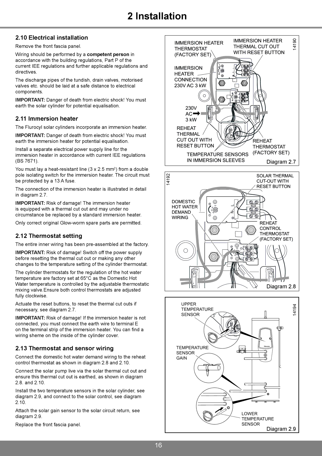 Glowworm Lighting 300 I, 250 I, 200 I manual Electrical installation, Thermostat setting, Thermostat and sensor wiring 