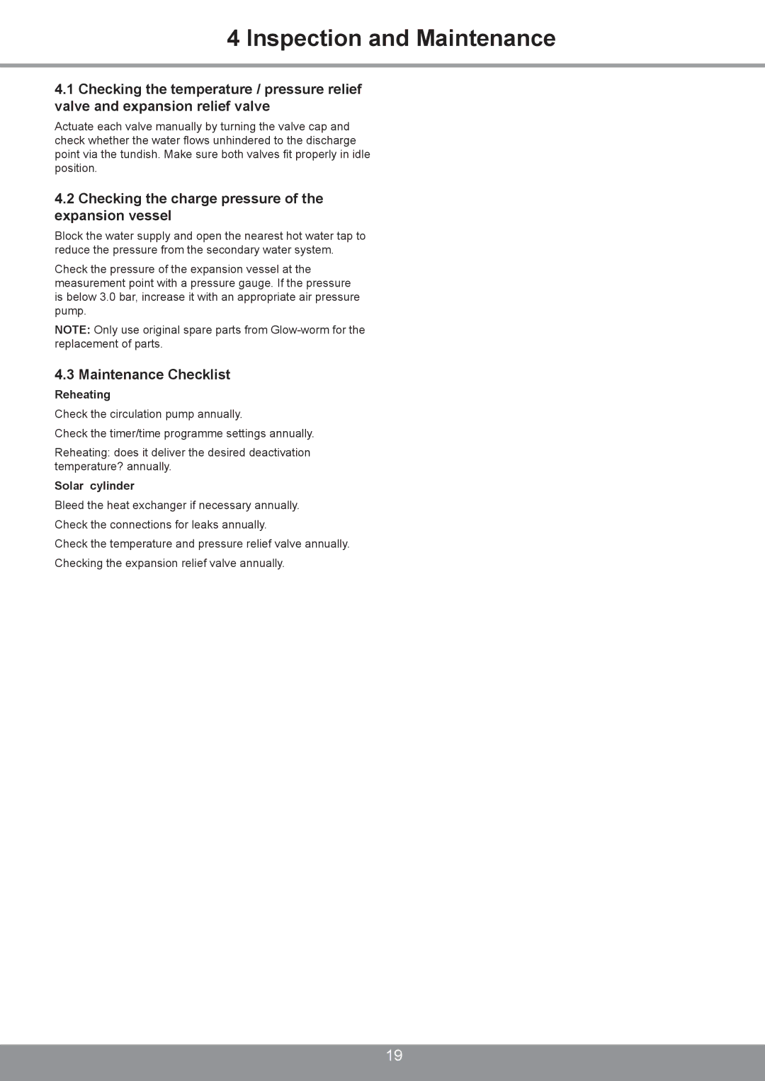 Glowworm Lighting 300 I, 250 I Inspection and Maintenance, Checking the charge pressure of the expansion vessel, Reheating 