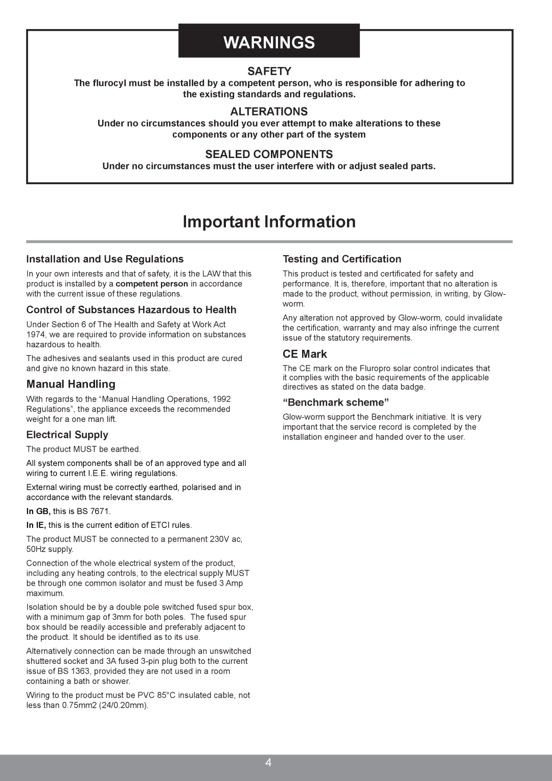 Glowworm Lighting 300 I, 250 I, 200 I manual Important Information 
