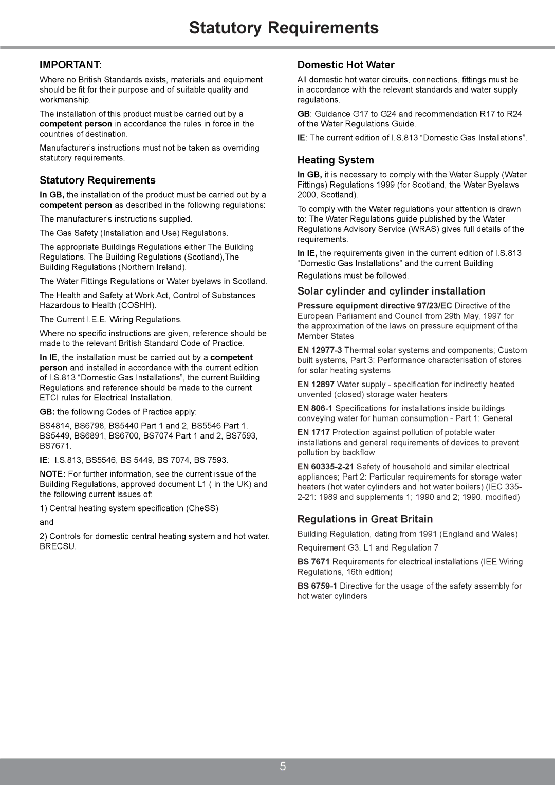 Glowworm Lighting 200 I, 250 I, 300 I manual Statutory Requirements 