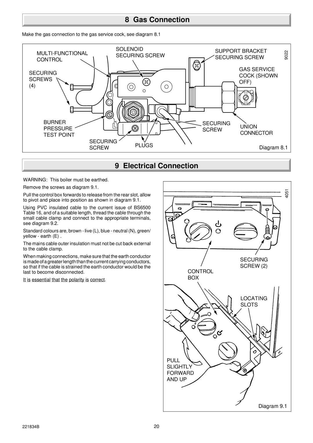 Glowworm Lighting 40 manual Gas Connection, Electrical Connection 