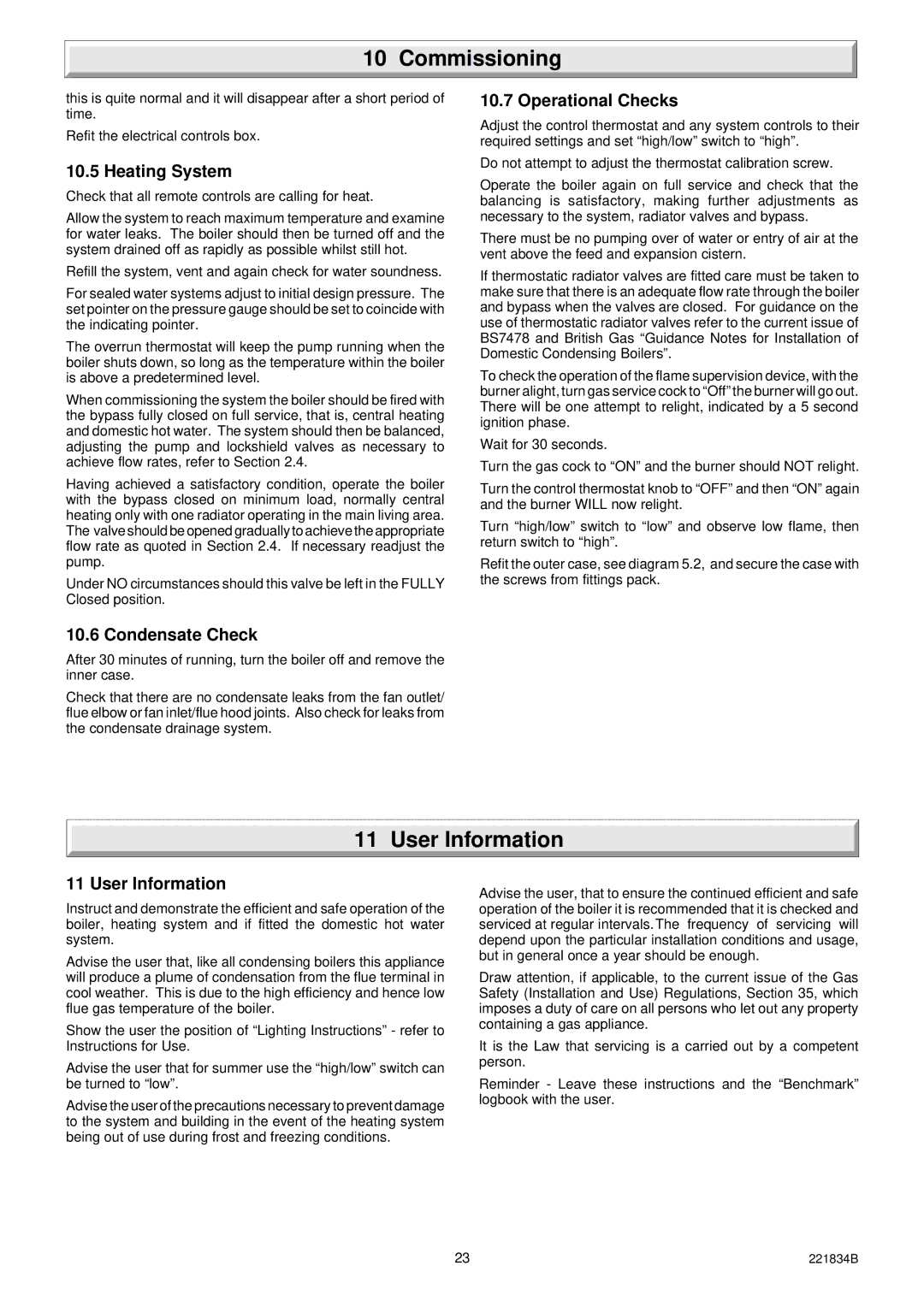 Glowworm Lighting 40 manual User Information, Heating System, Condensate Check, Operational Checks 