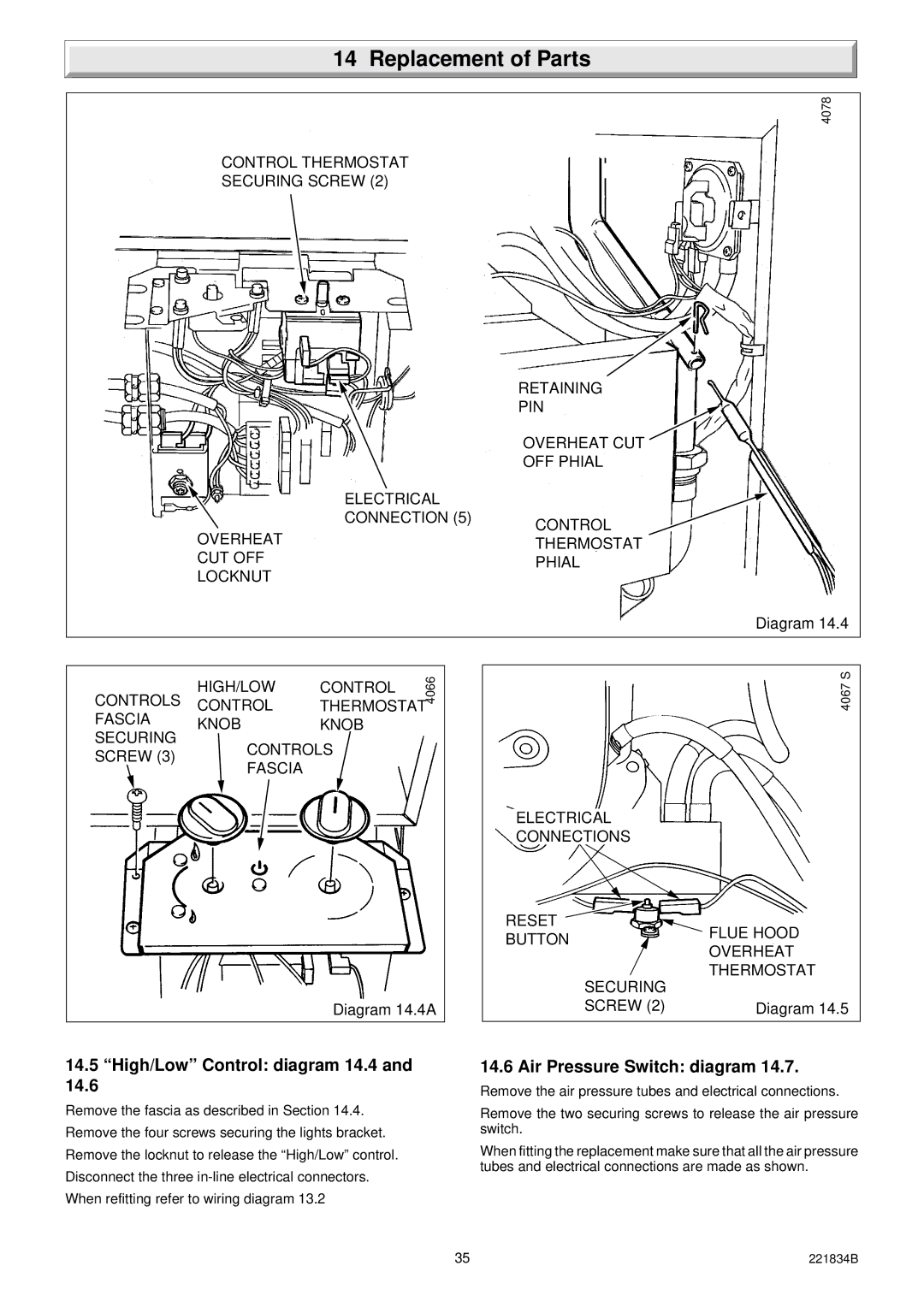 Glowworm Lighting 40 manual High/Low Control diagram 14.4, Air Pressure Switch diagram 