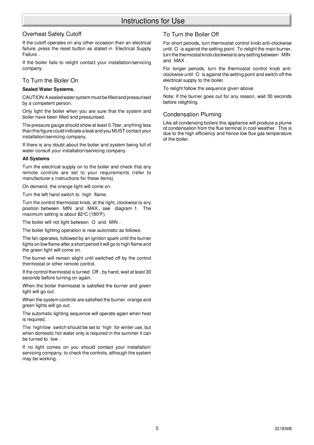 Glowworm Lighting 40 manual Overheat Safety Cutoff, To Turn the Boiler On, To Turn the Boiler Off, Condensation Pluming 