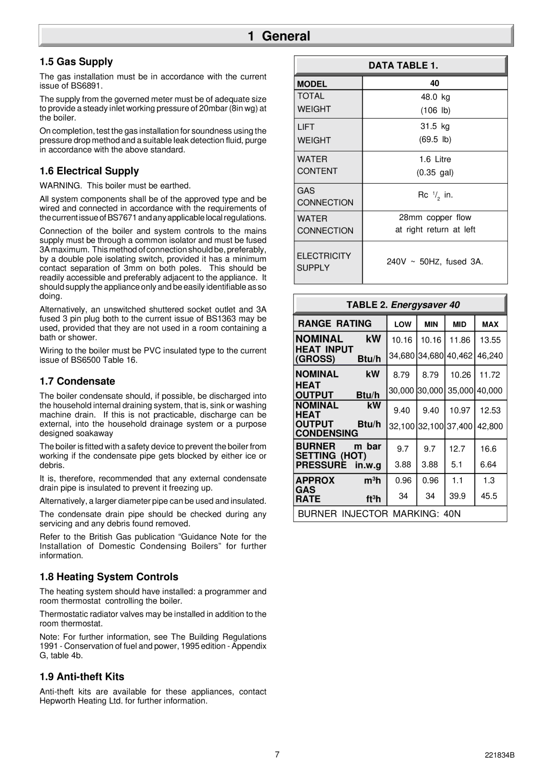 Glowworm Lighting 40 manual Gas Supply, Electrical Supply, Condensate, Heating System Controls, Anti-theft Kits 