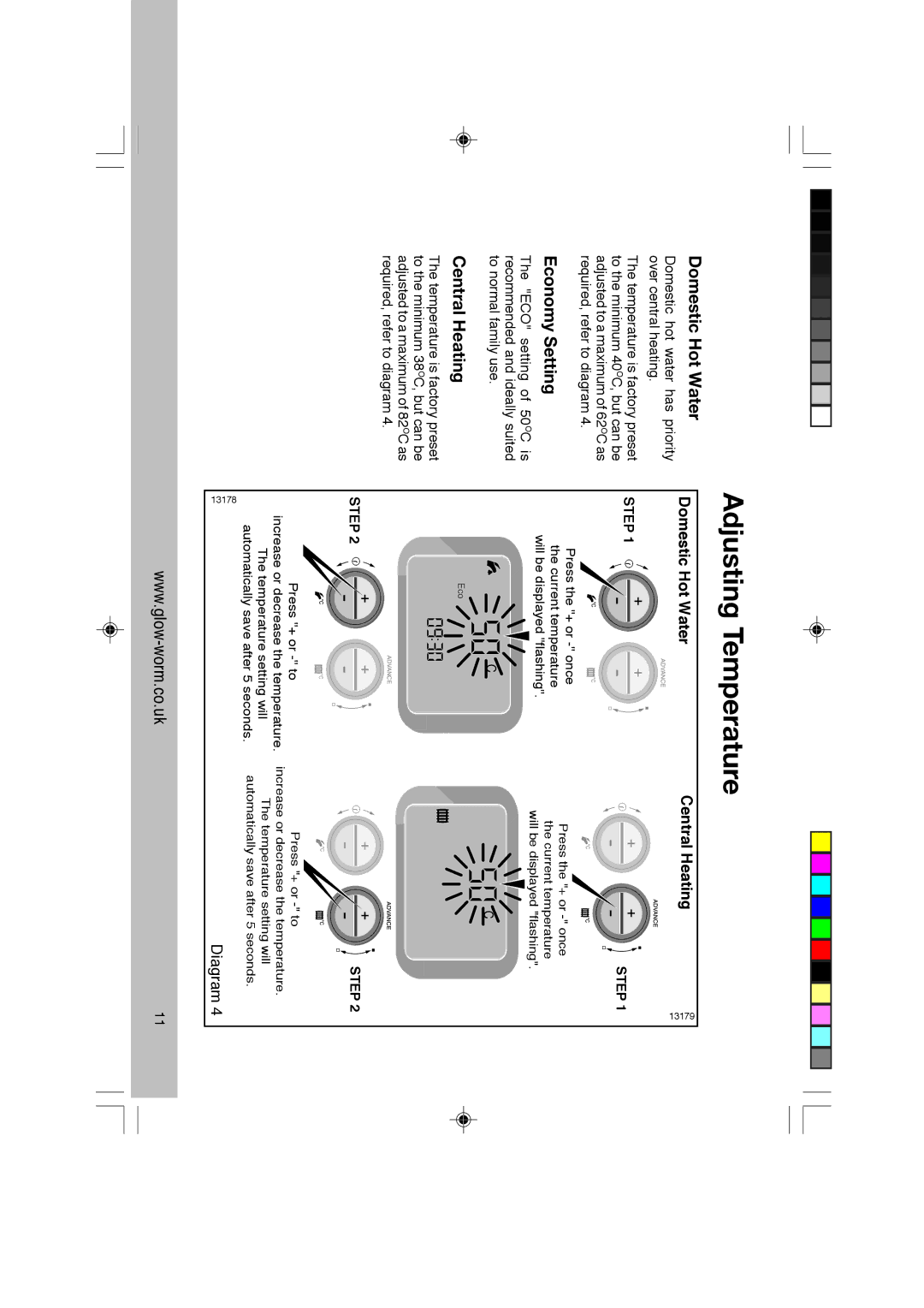 Glowworm Lighting CXI manual Adjusting Temperature, Domestic Hot Water, Economy Setting, Central Heating 