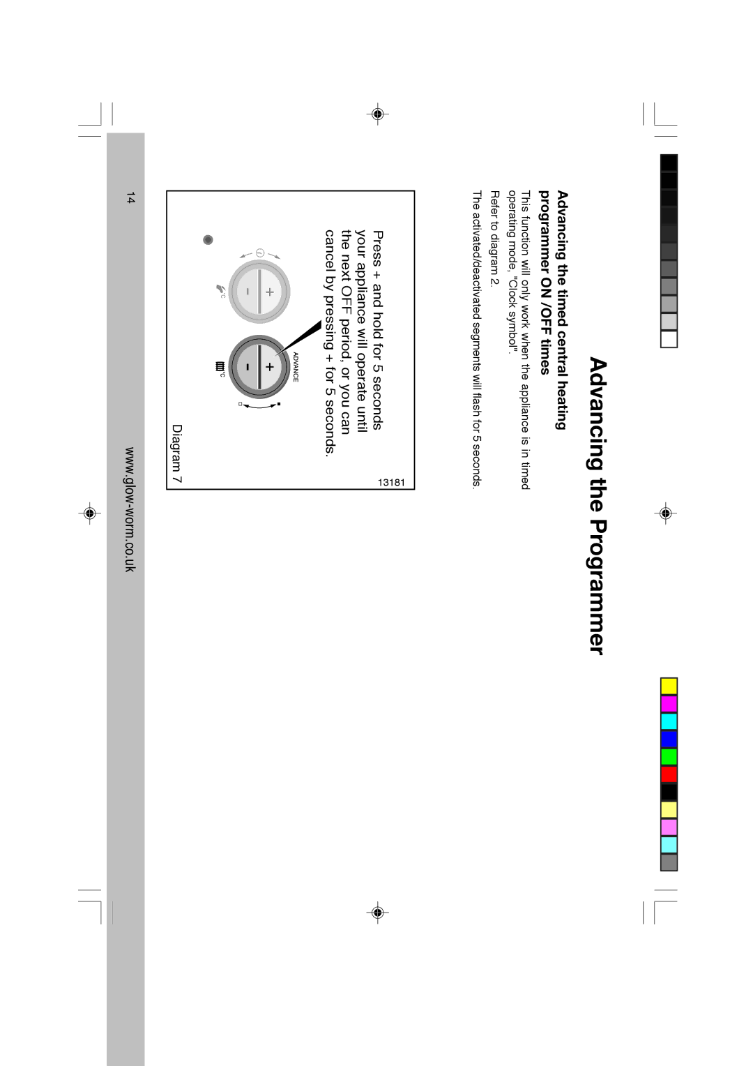 Glowworm Lighting CXI manual Advancing the Programmer, Advancing the timed central heating programmer on /OFF times 