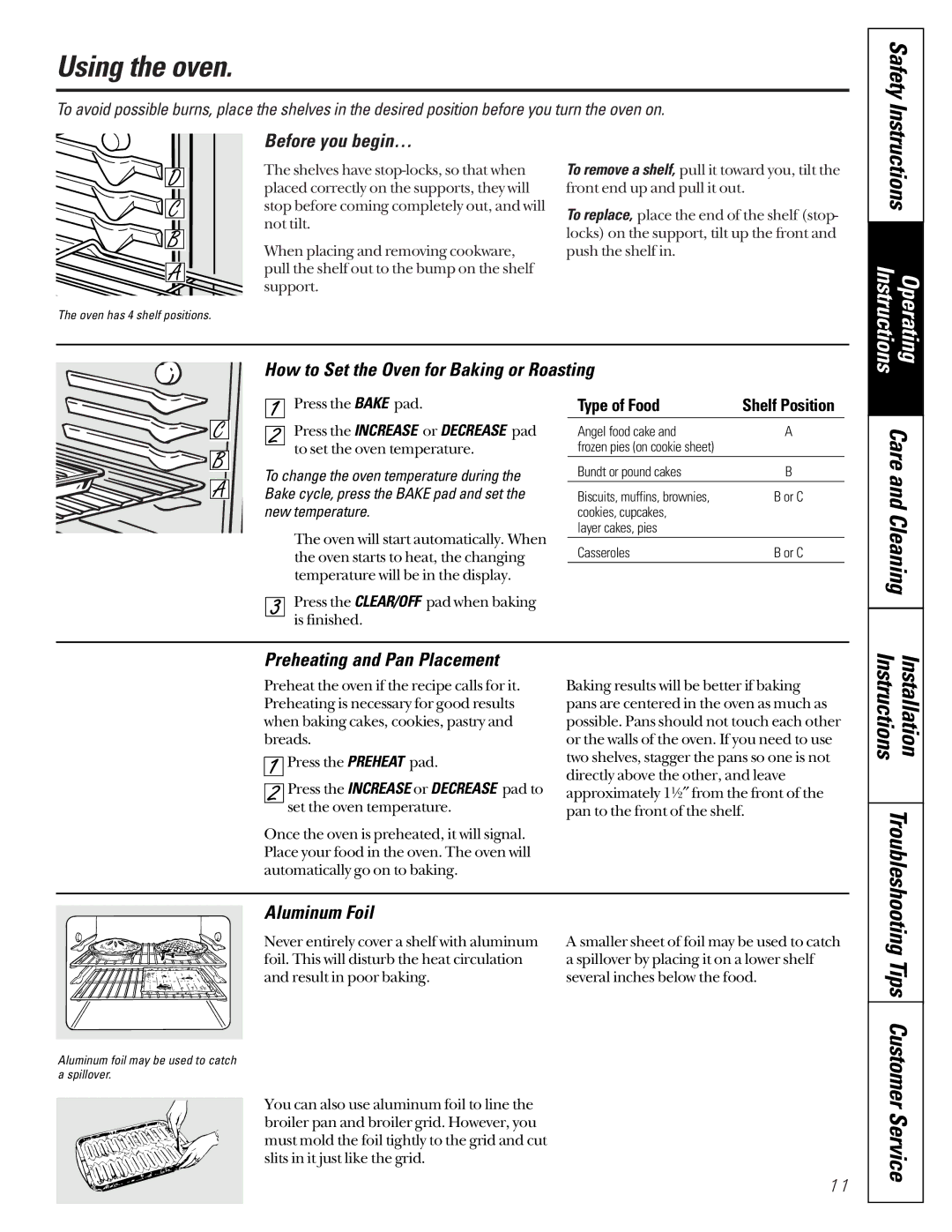 GM JDP40 manual Using the oven, Installation, Tips Customer Service 