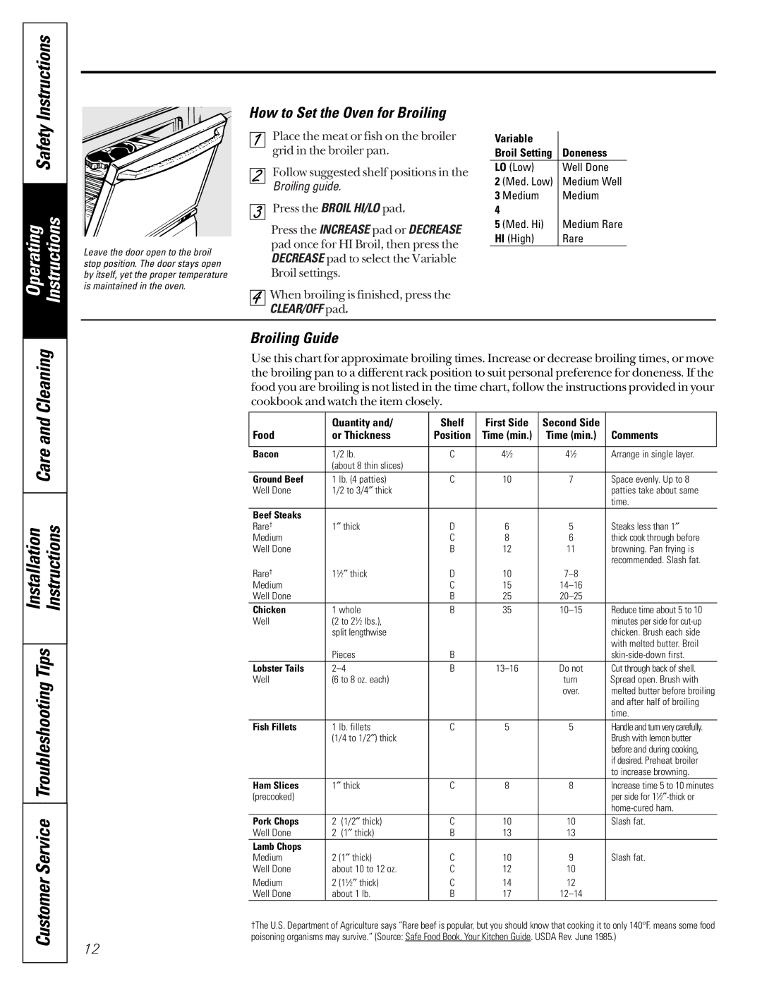 GM JDP40 manual Operating Instructions, How to Set the Oven for Broiling, Broiling Guide, Broiling guide, CLEAR/OFF pad 