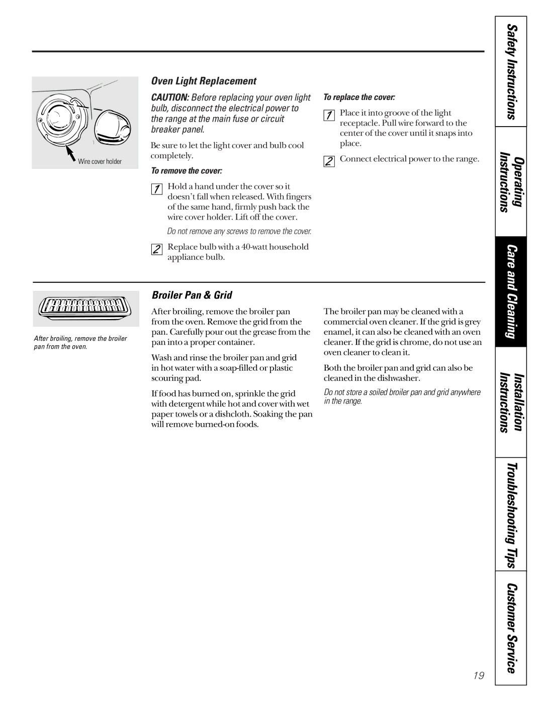 GM JDP40 manual Oven Light Replacement, Operating Instructions, Broiler Pan & Grid, Safety Instructions 