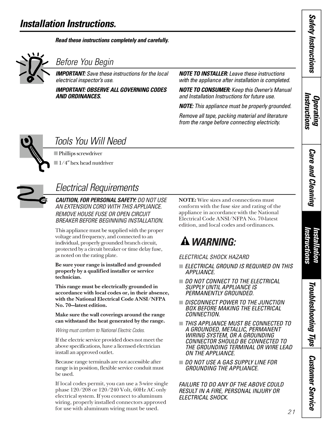 GM JDP40 Installation Instructions, SafetyInstructions, Read these instructions completely and carefully, Care andCleaning 