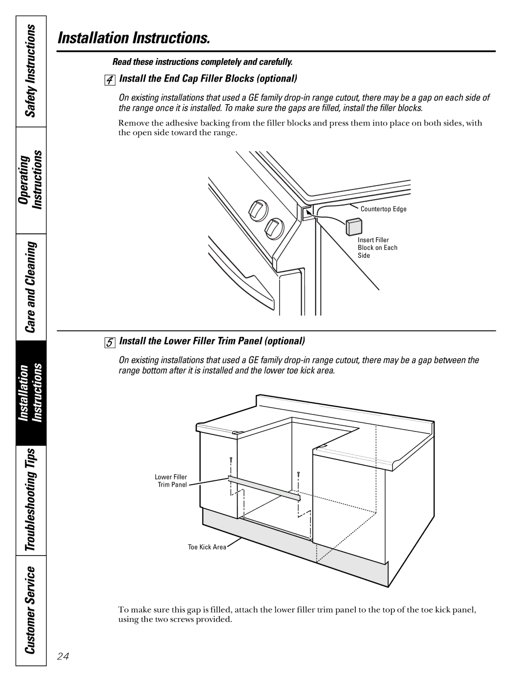 GM JDP40 manual Install the End Cap Filler Blocks optional, Install the Lower Filler Trim Panel optional 