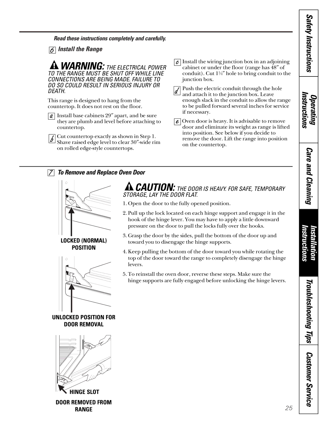 GM JDP40 manual Install the Range, To Remove and Replace Oven Door, Careand 