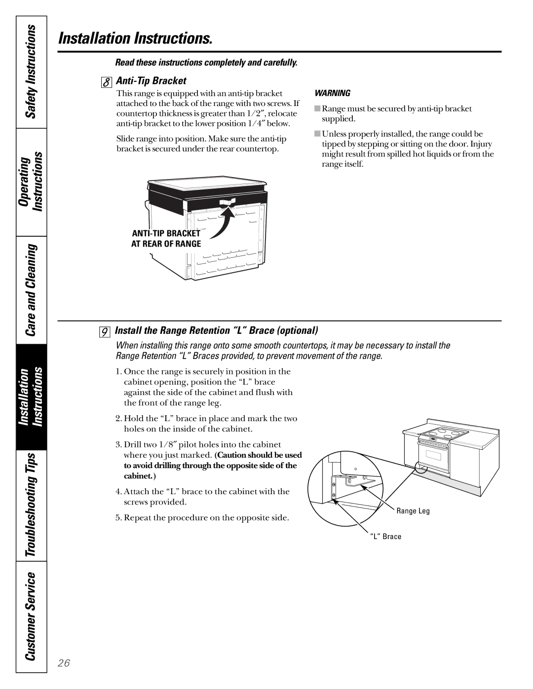 GM JDP40 manual Anti-Tip Bracket, Install the Range Retention L Brace optional 