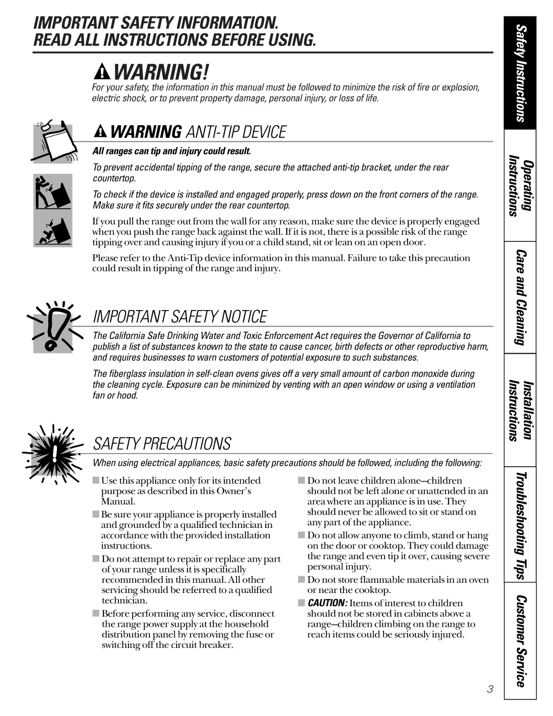 GM JDP40 manual Operating, Care and Cleaning, Installation, Instructions, Customer Service 