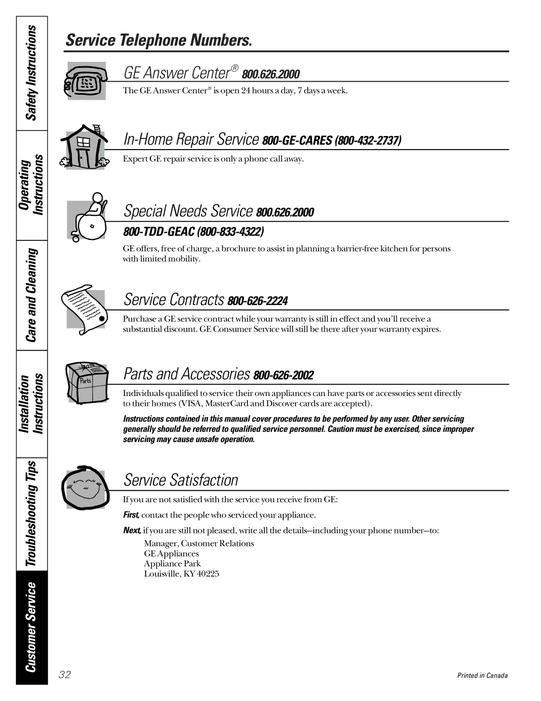 GM JDP40 manual Service Telephone Numbers, GE Answer Center 