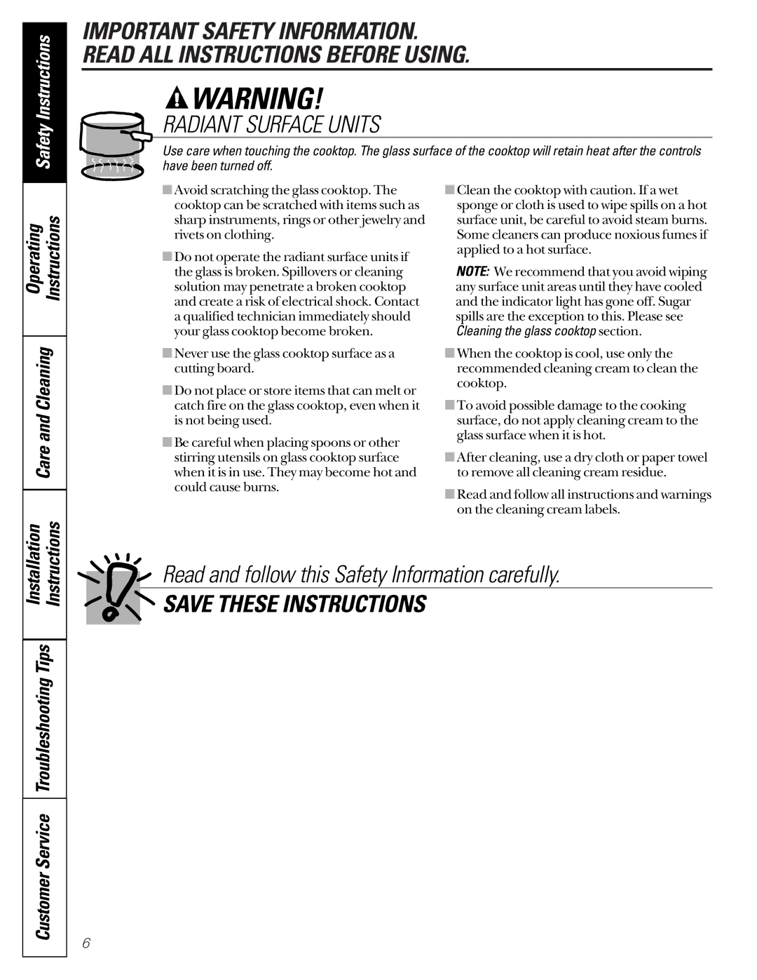 GM JDP40 manual Troubleshooting Tips, Cleaning the glass cooktop section 