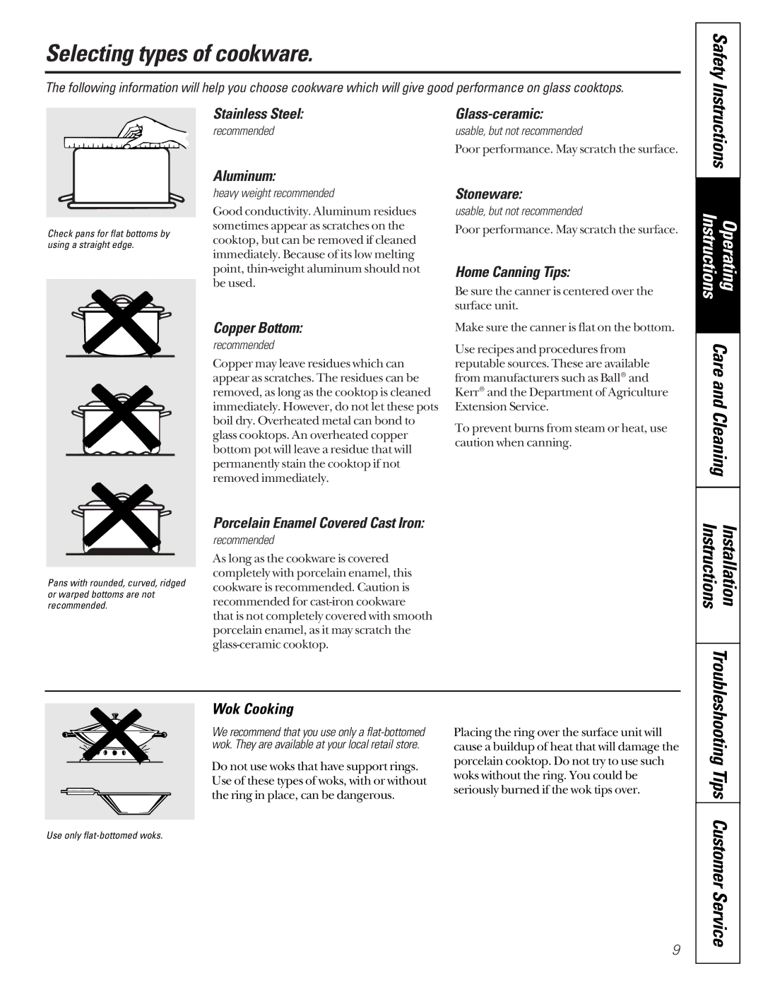 GM JDP40 manual Selecting types of cookware, Installation Instructions 