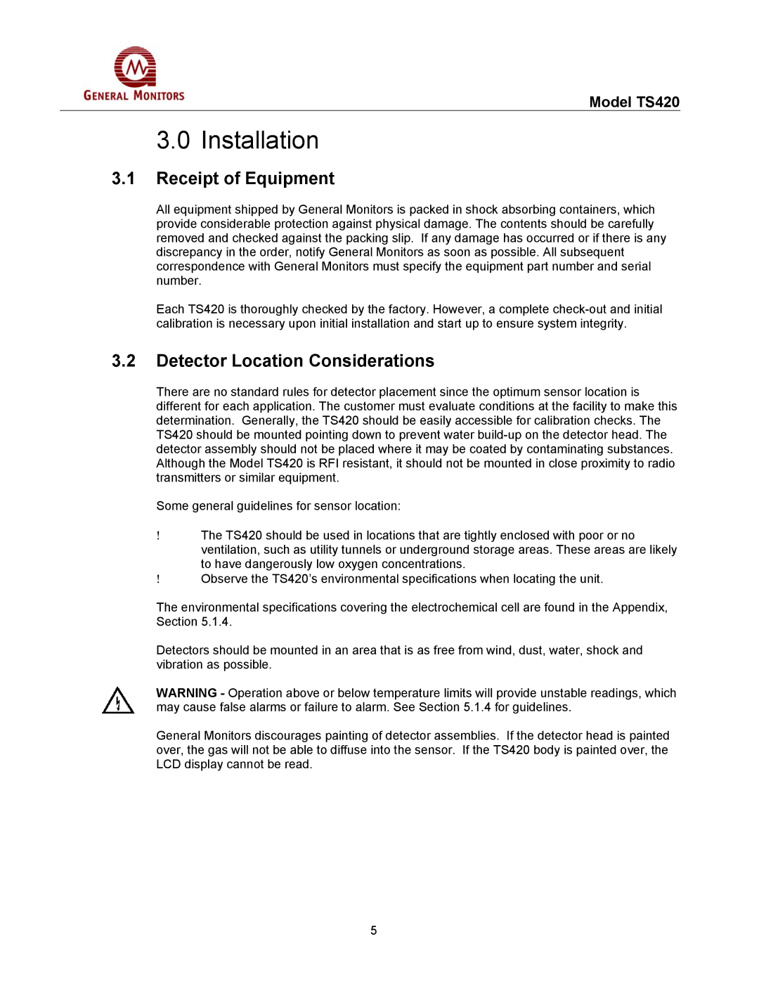 GM MANTS420 manual Installation, Receipt of Equipment, Detector Location Considerations 