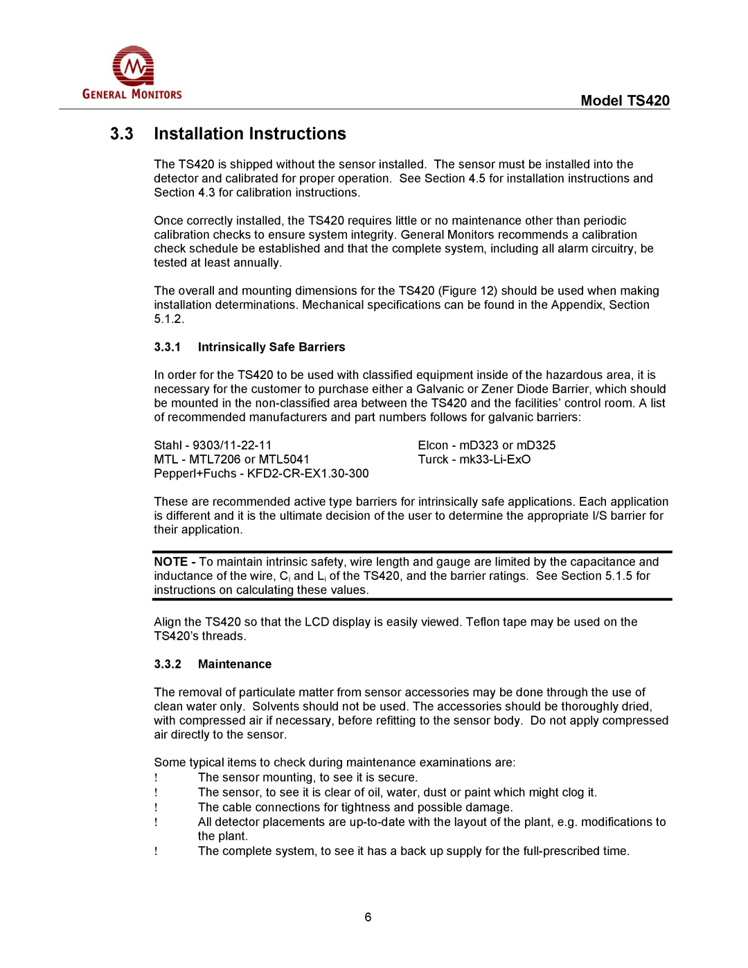 GM MANTS420 manual Installation Instructions, Maintenance 