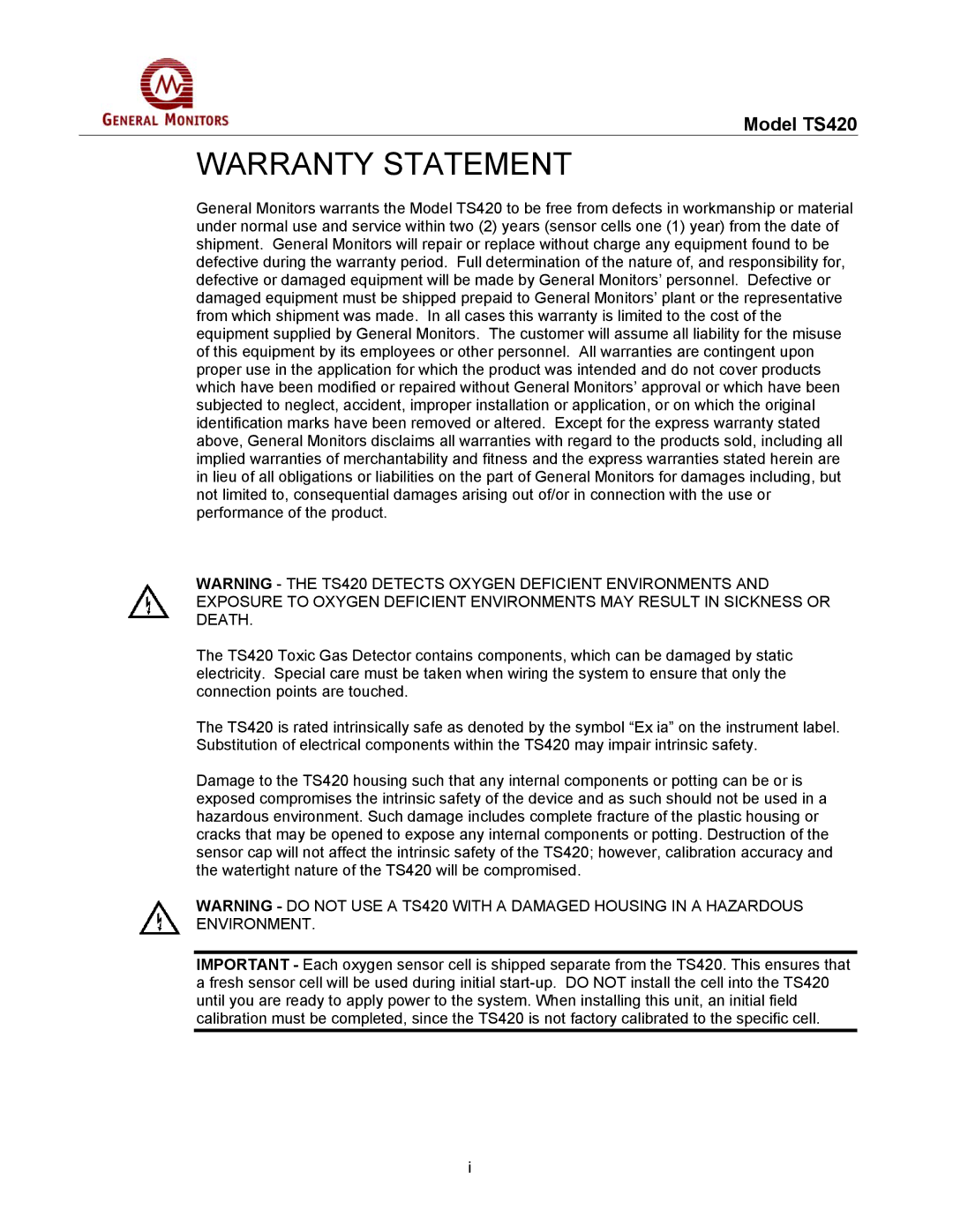 GM MANTS420 manual Warranty Statement 