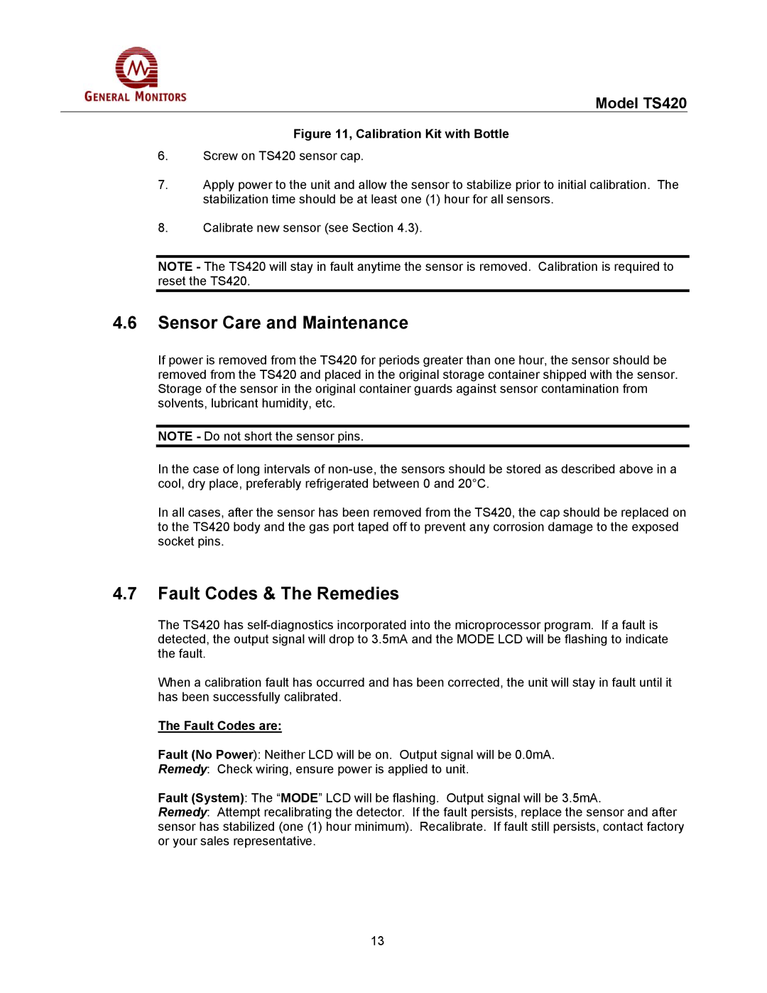 GM MANTS420 manual Sensor Care and Maintenance, Fault Codes & The Remedies, Fault Codes are 