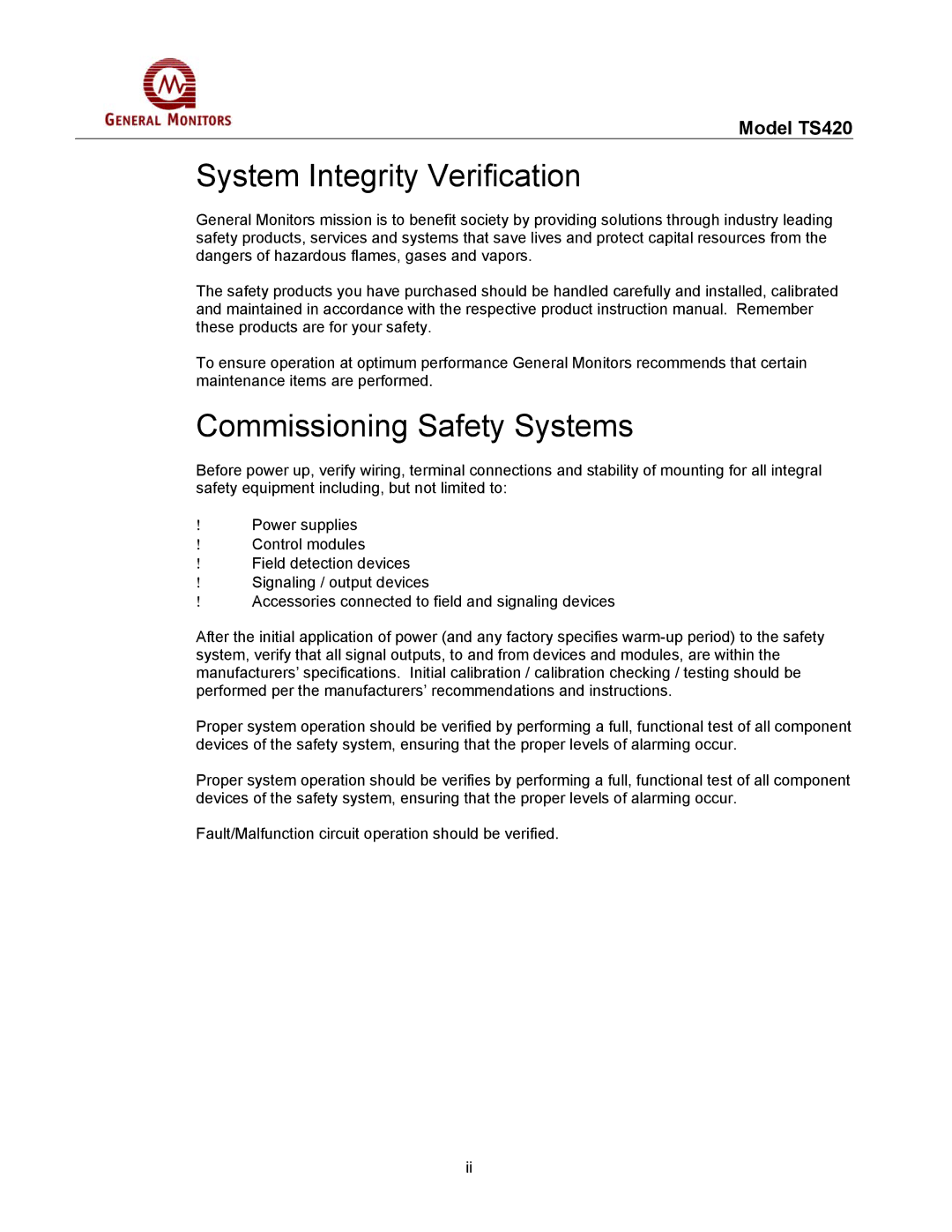 GM MANTS420 manual System Integrity Verification, Commissioning Safety Systems 