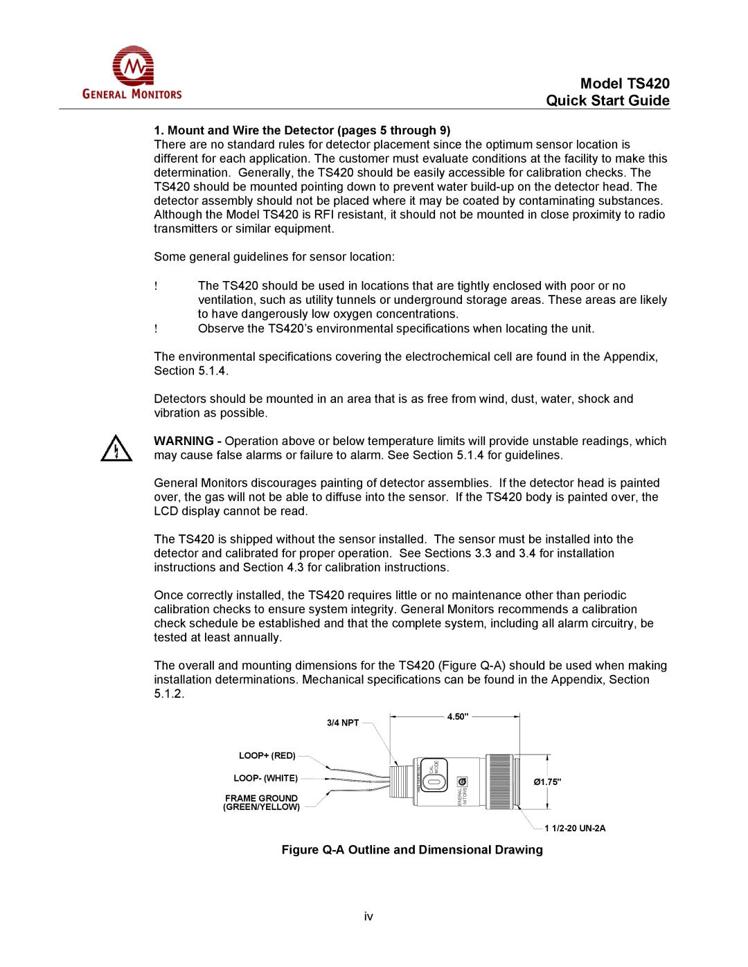 GM MANTS420 manual Mount and Wire the Detector pages 5 through, Figure Q-A Outline and Dimensional Drawing 