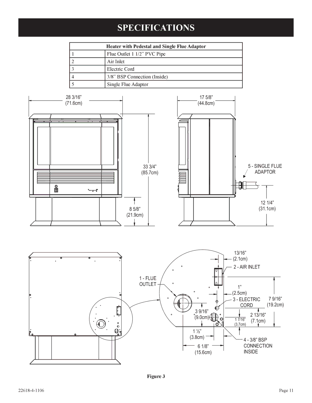 GN National Electric CP, PV-28SV50, PV-28SV55, GN, BP)-1, GP)-1 Specifications, Heater with Pedestal and Single Flue Adaptor 