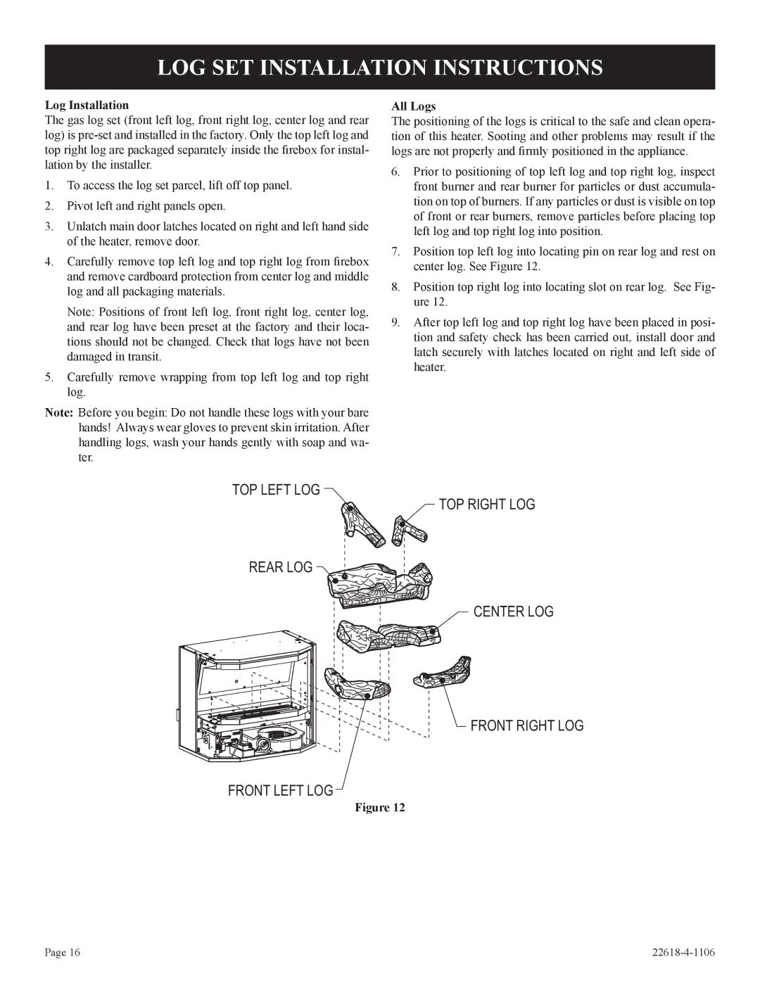 GN National Electric GP)-1, PV-28SV50, PV-28SV55, GN, BP)-1, CP LOG SET Installation Instructions, Log Installation, All Logs 