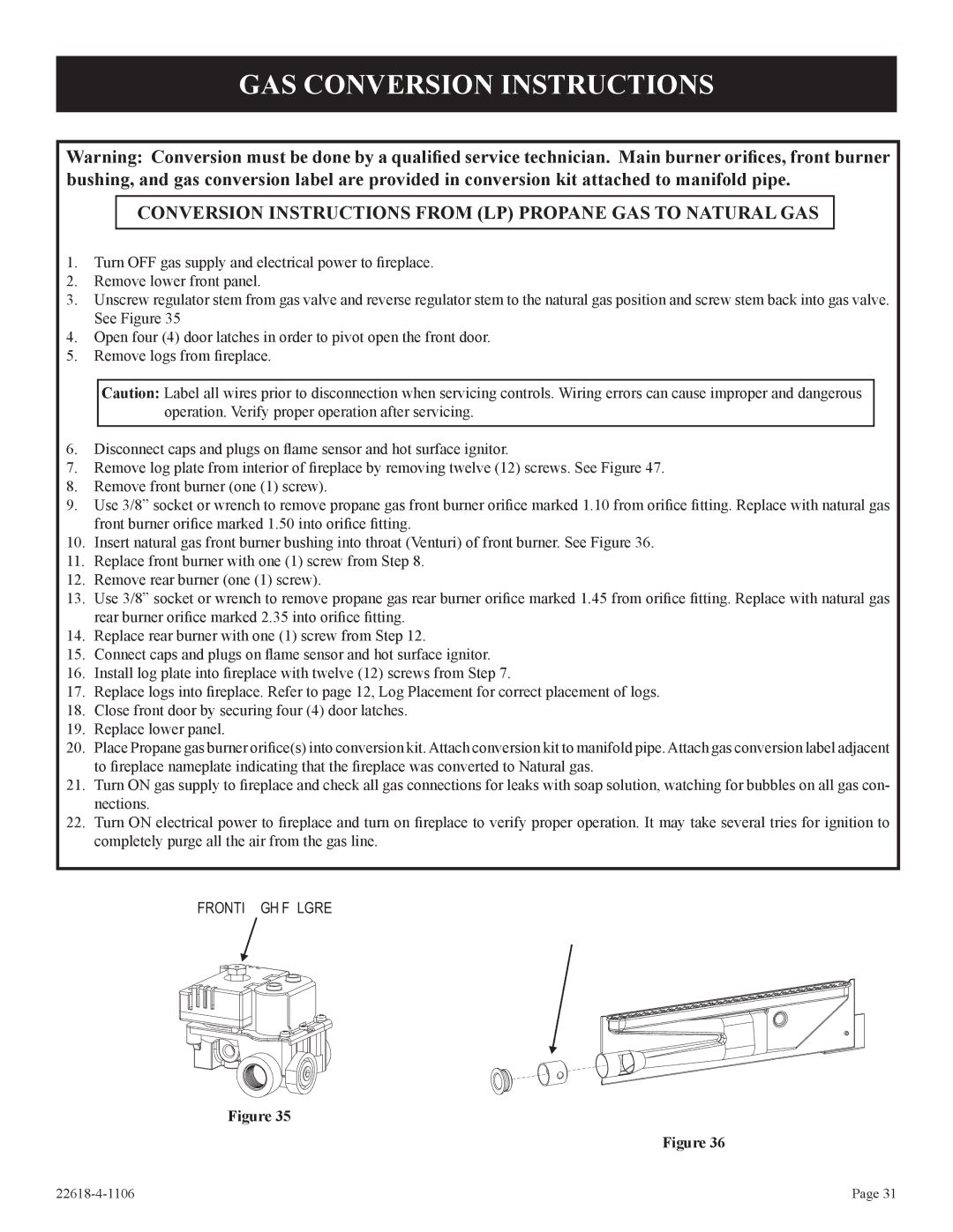 GN National Electric PV-28SV55, GN GAS Conversion Instructions, Conversion Instructions from LP Propane GAS to Natural GAS 