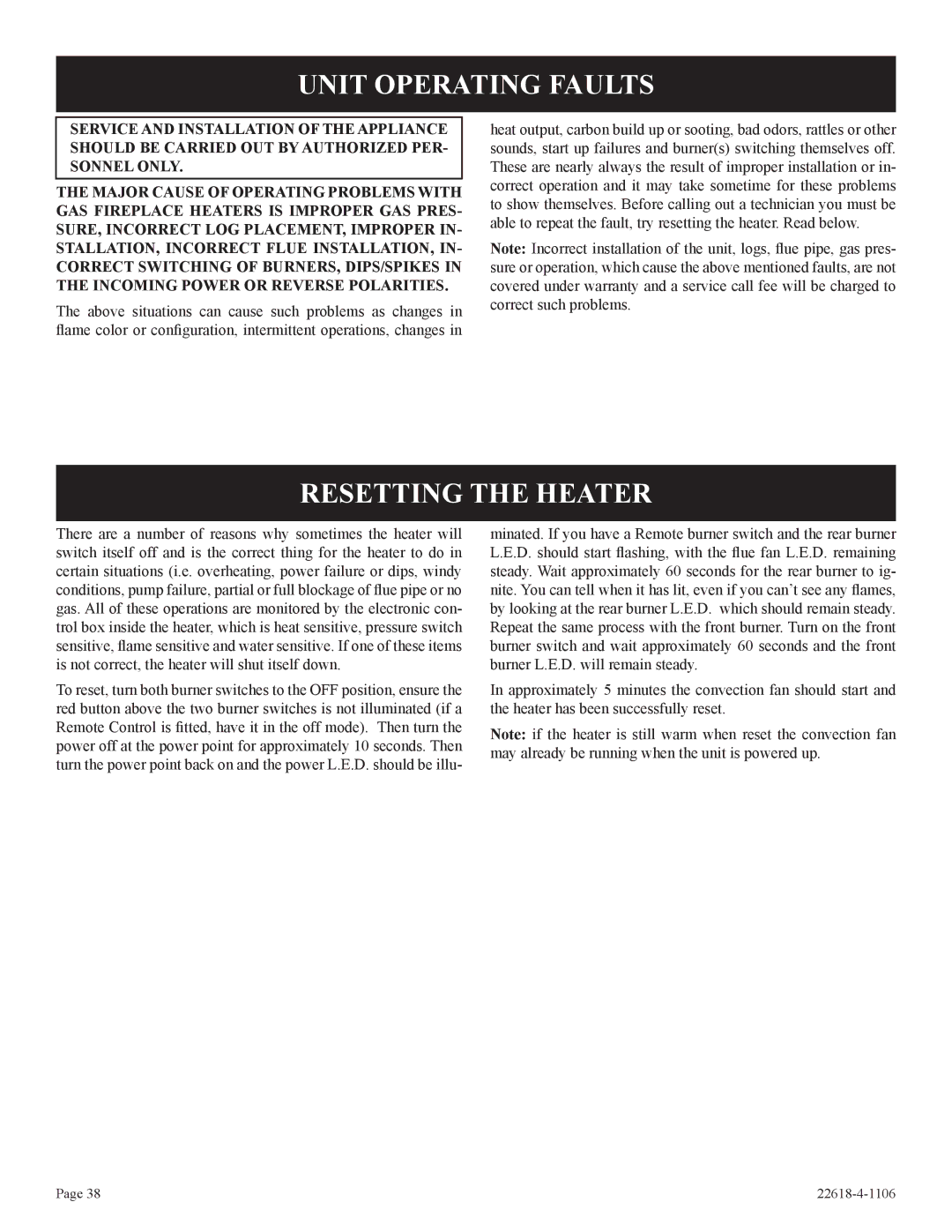 GN National Electric GN, PV-28SV50, PV-28SV55, BP)-1, GP)-1, CP Unit Operating Faults, Resetting the Heater 