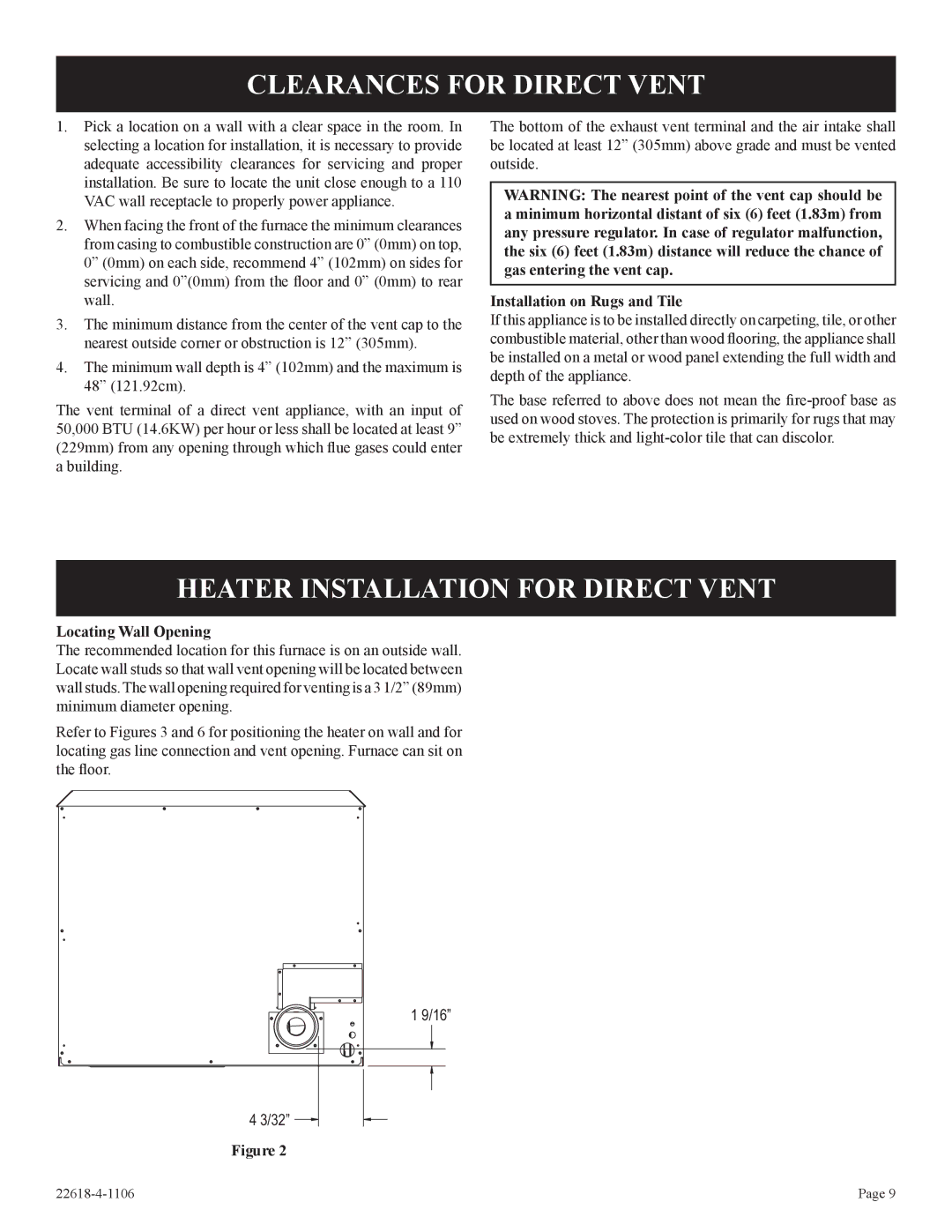 GN National Electric BP)-1 Clearances for Direct Vent, Heater Installation for Direct Vent, Installation on Rugs and Tile 