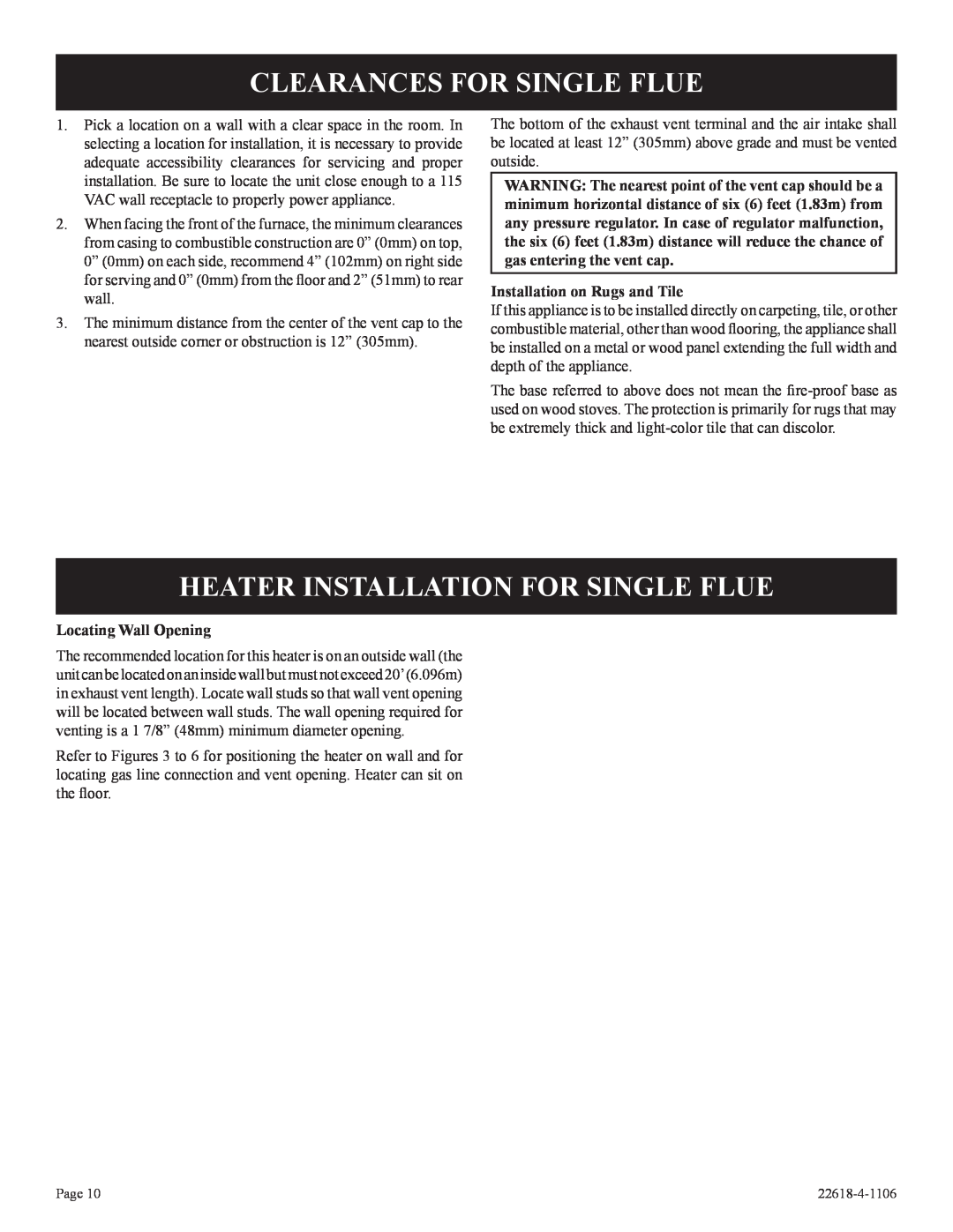 GN National Electric GP)-1 Clearances For Single Flue, Heater Installation For Single Flue, Installation on Rugs and Tile 