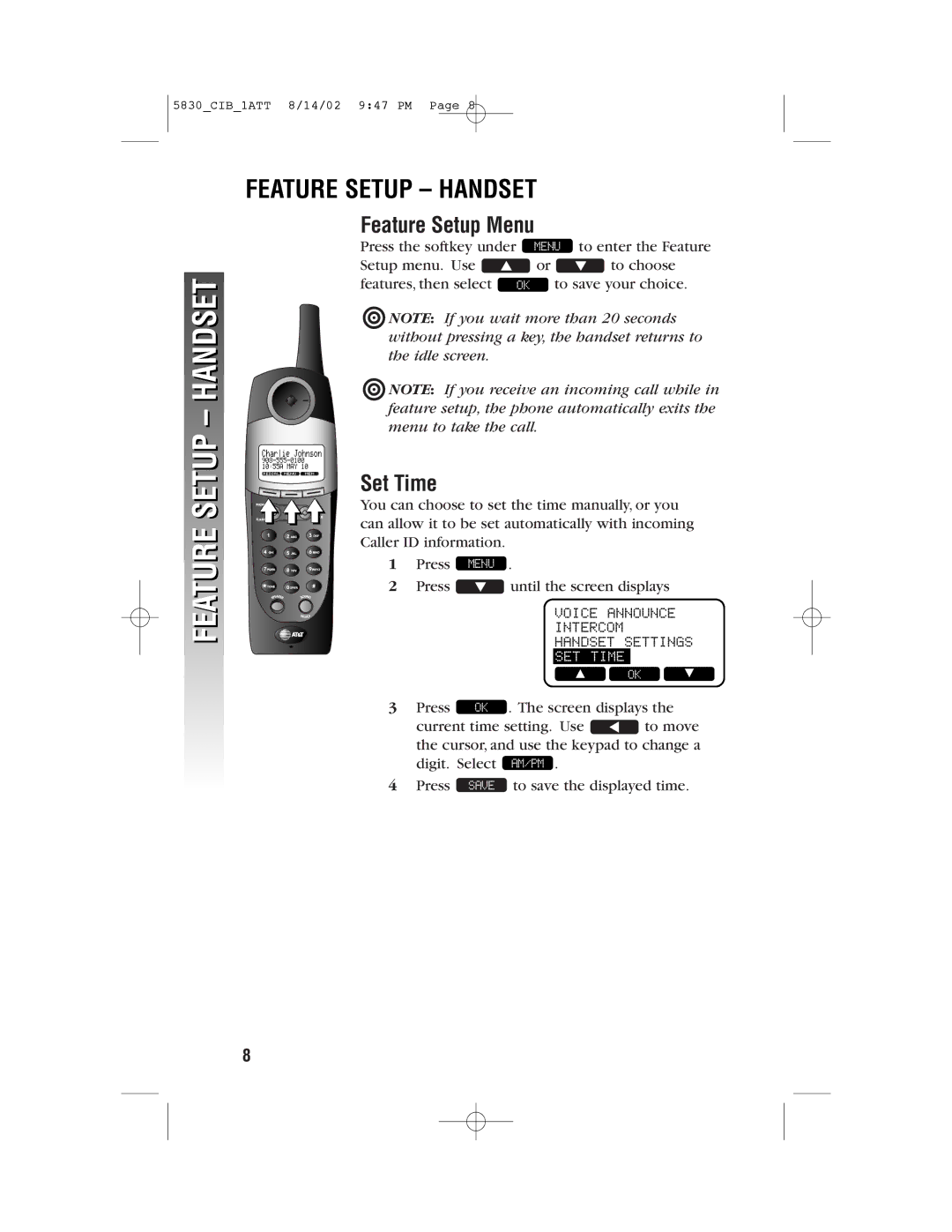 GN Netcom 5830 user manual Feature Setup Handset, Feature Setup Menu, Set Time 