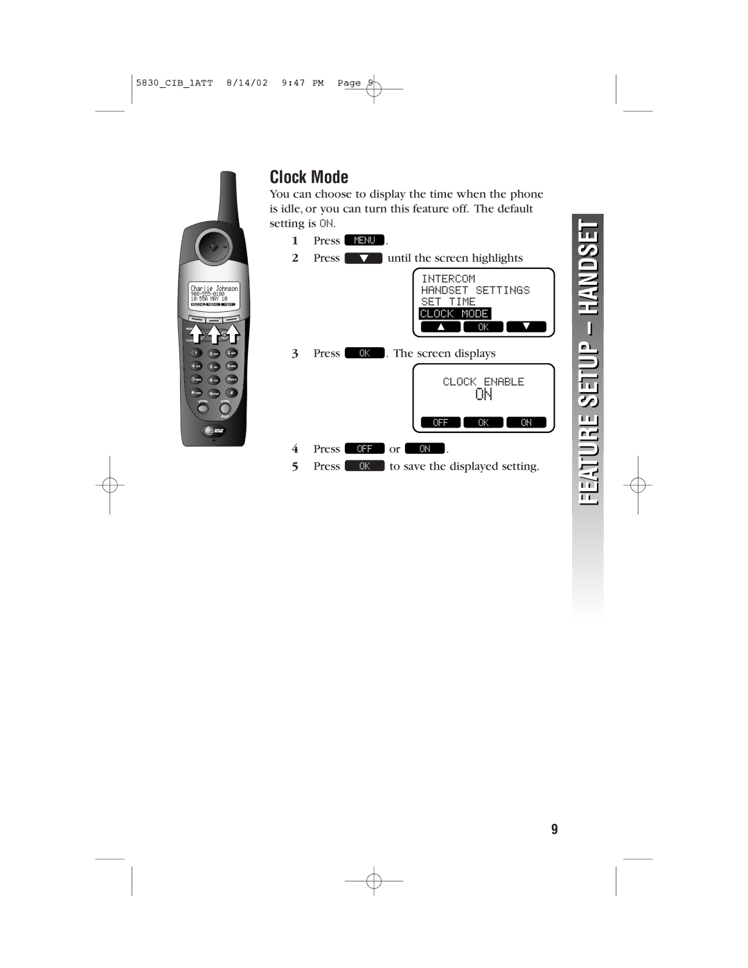 GN Netcom 5830 user manual Handset, Clock Mode 