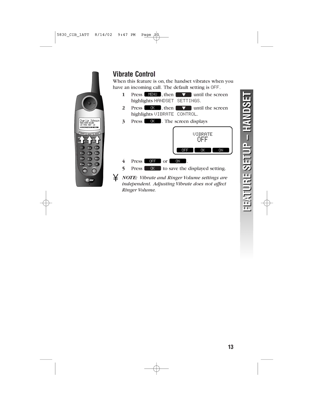 GN Netcom 5830 user manual Feature Setup Handset, Vibrate Control 