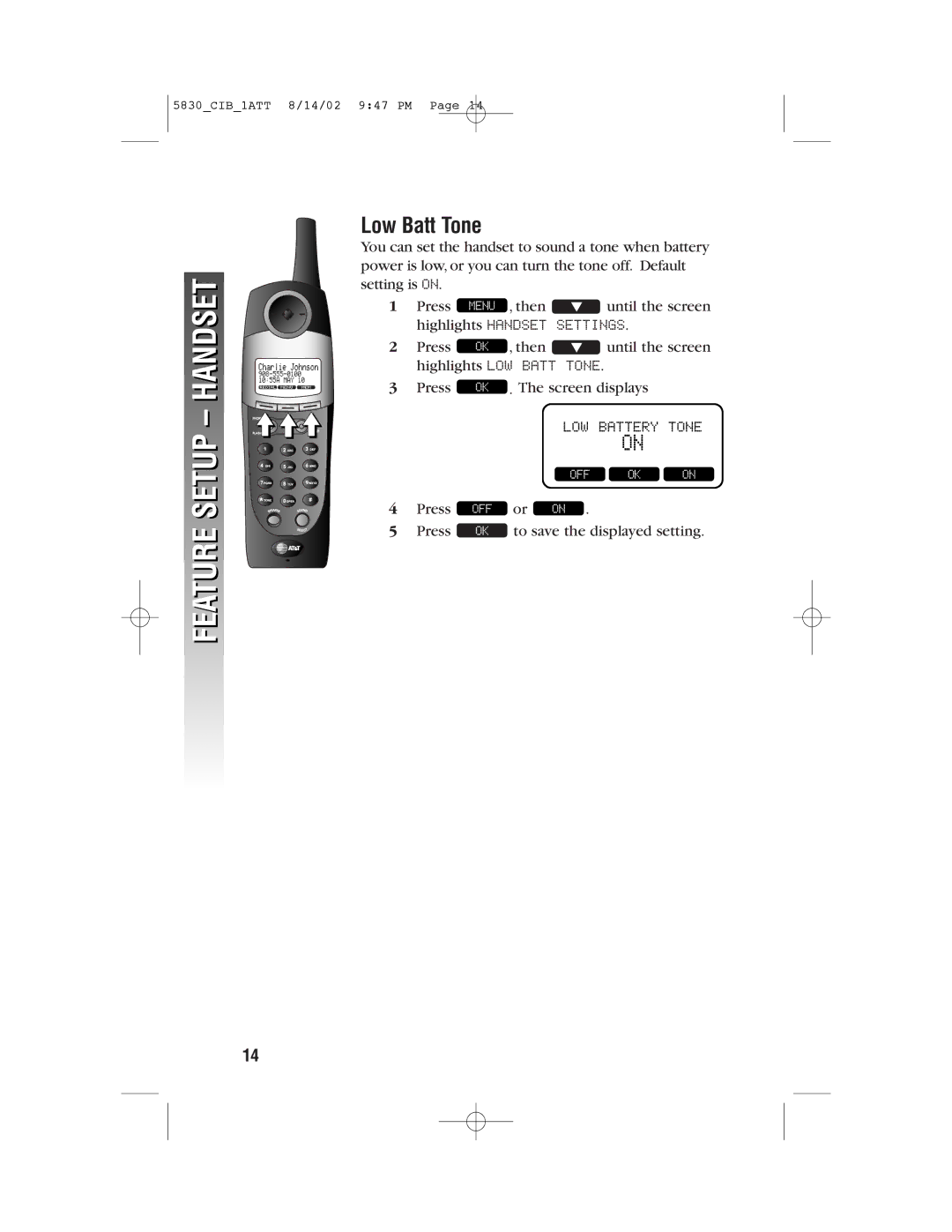 GN Netcom 5830 user manual Handset, Low Batt Tone 