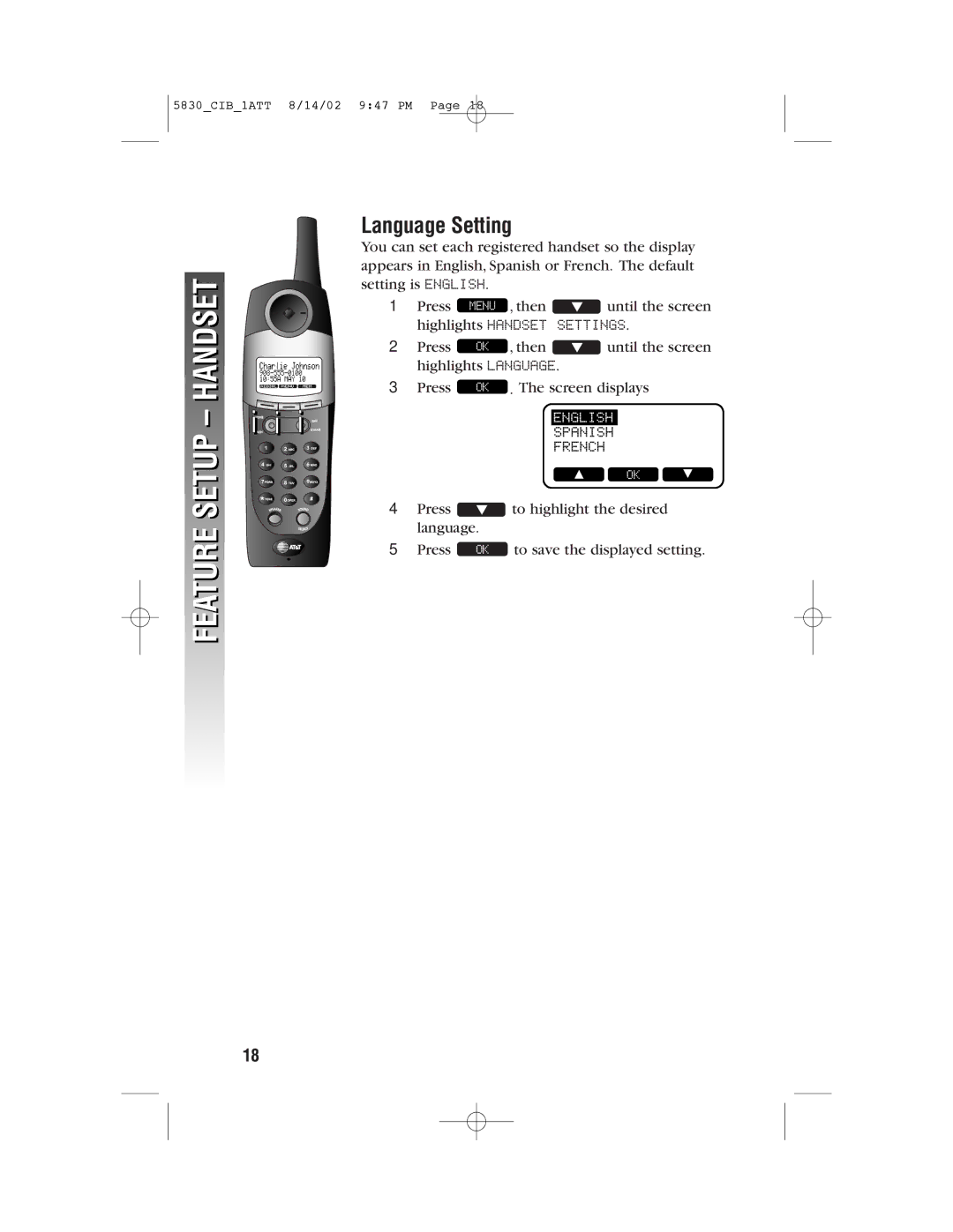 GN Netcom 5830 user manual Language Setting, English 