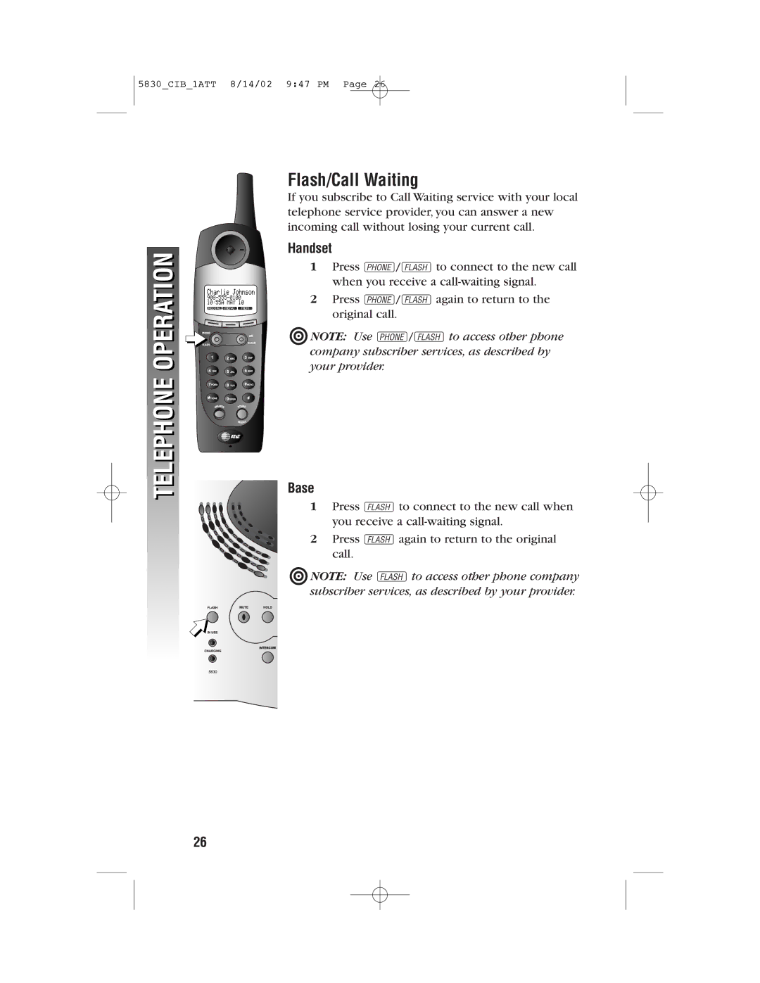 GN Netcom 5830 user manual Operationtelephone, Flash/Call Waiting 