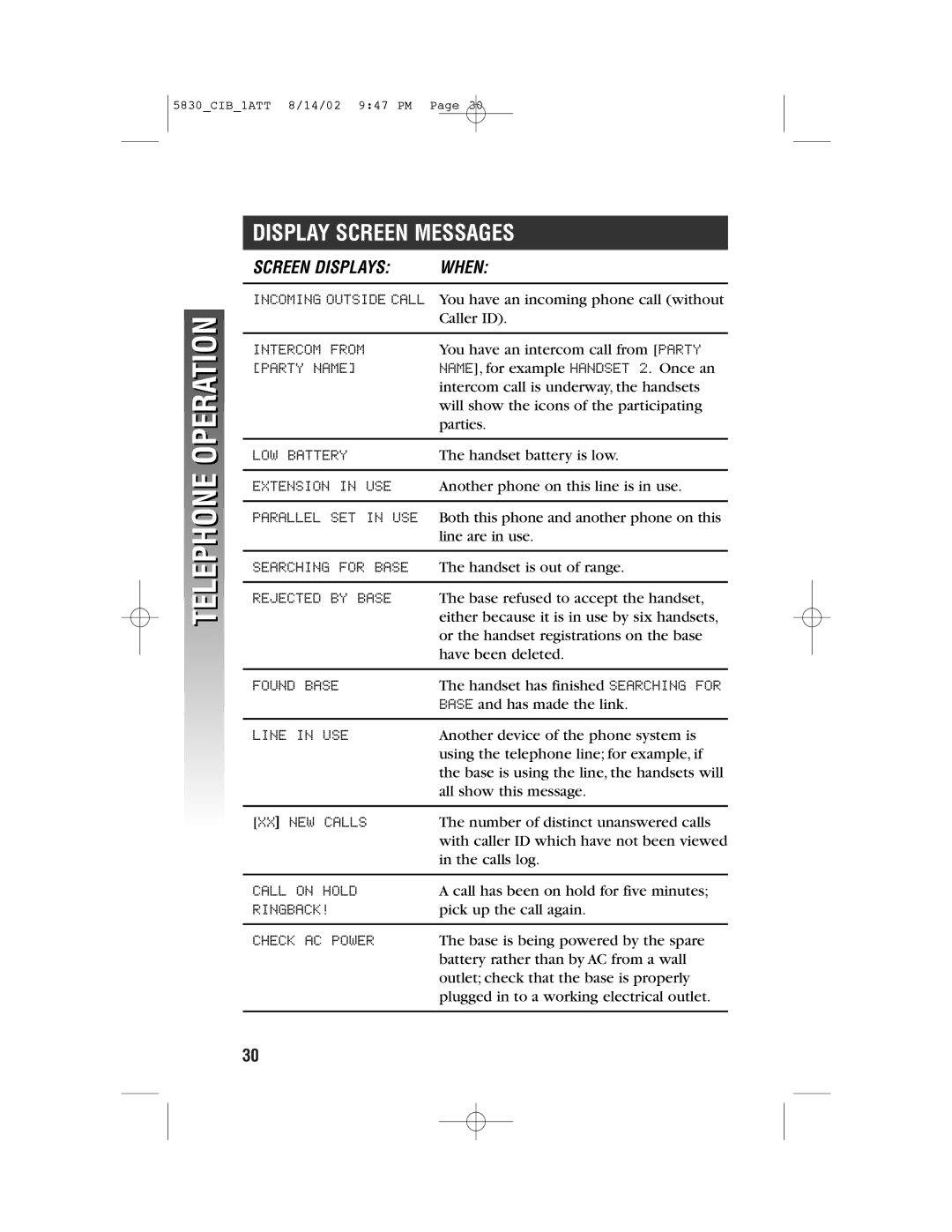 GN Netcom 5830 user manual Display Screen Messages 