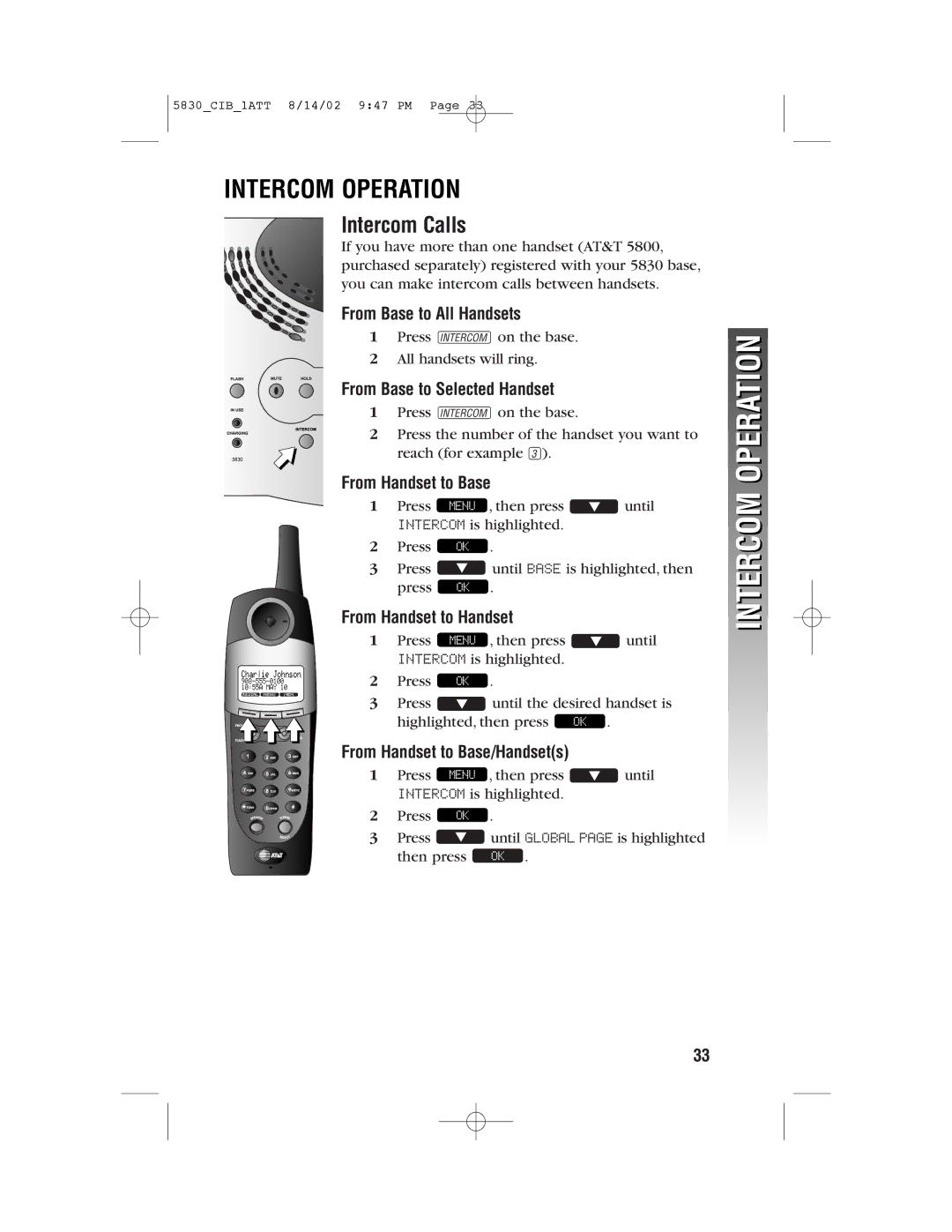 GN Netcom 5830 user manual Intercom Operation, Intercom Calls 